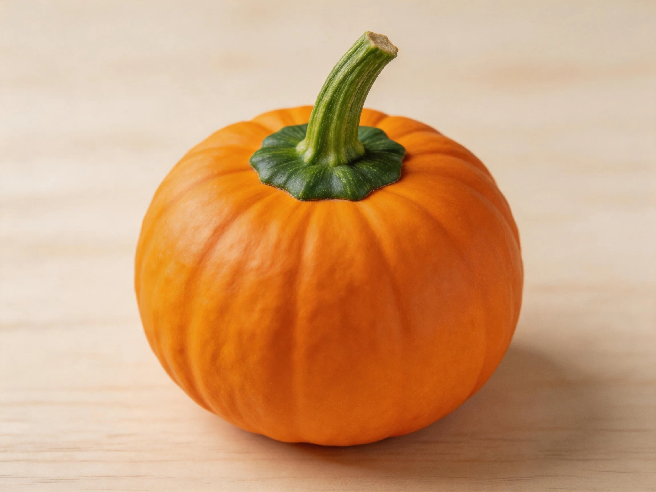 A small bright orange pumpkin with green stem on light wooden surface