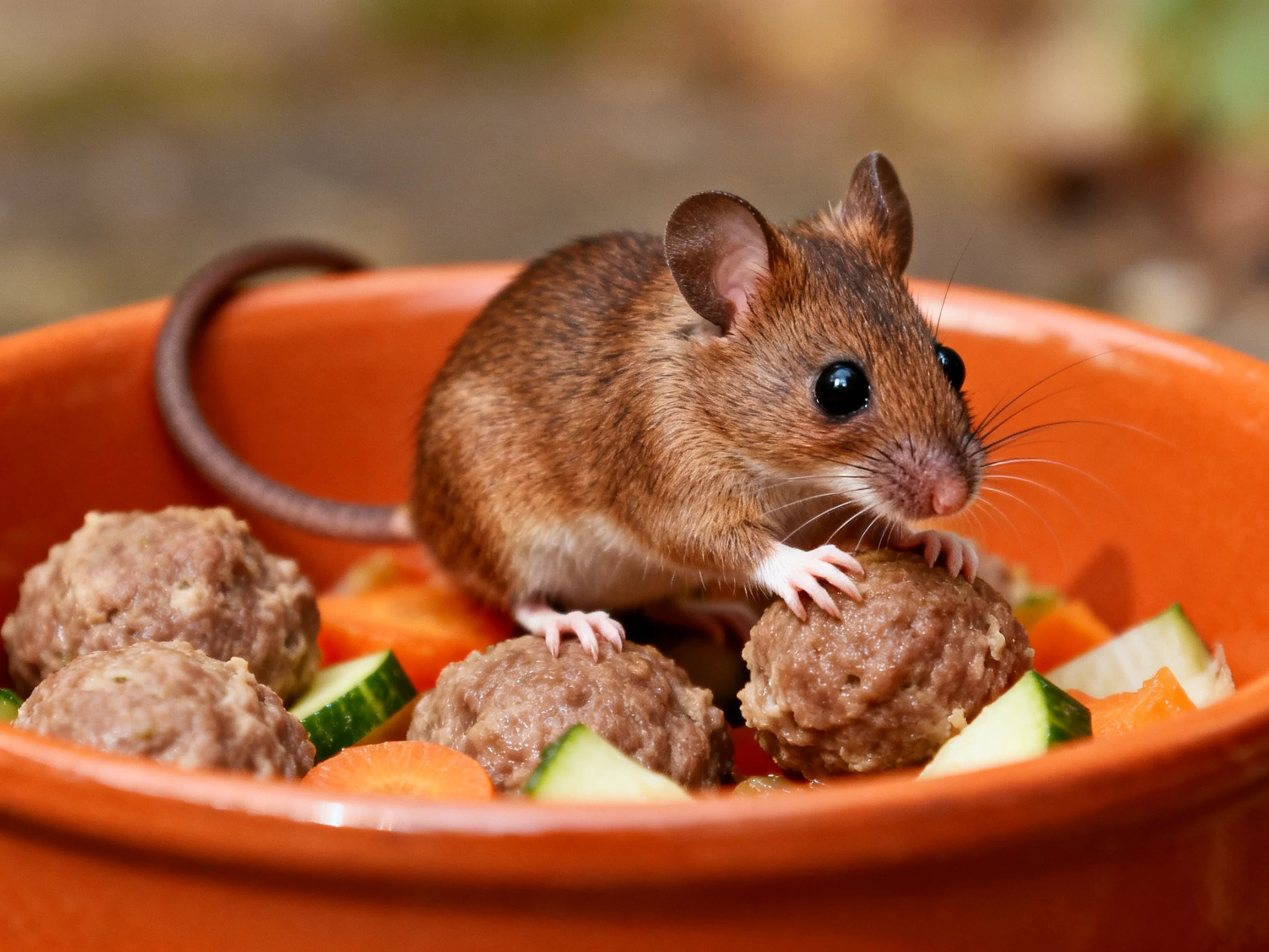 A small brown mouse perched on an orange bowl of meatballs and vegetables