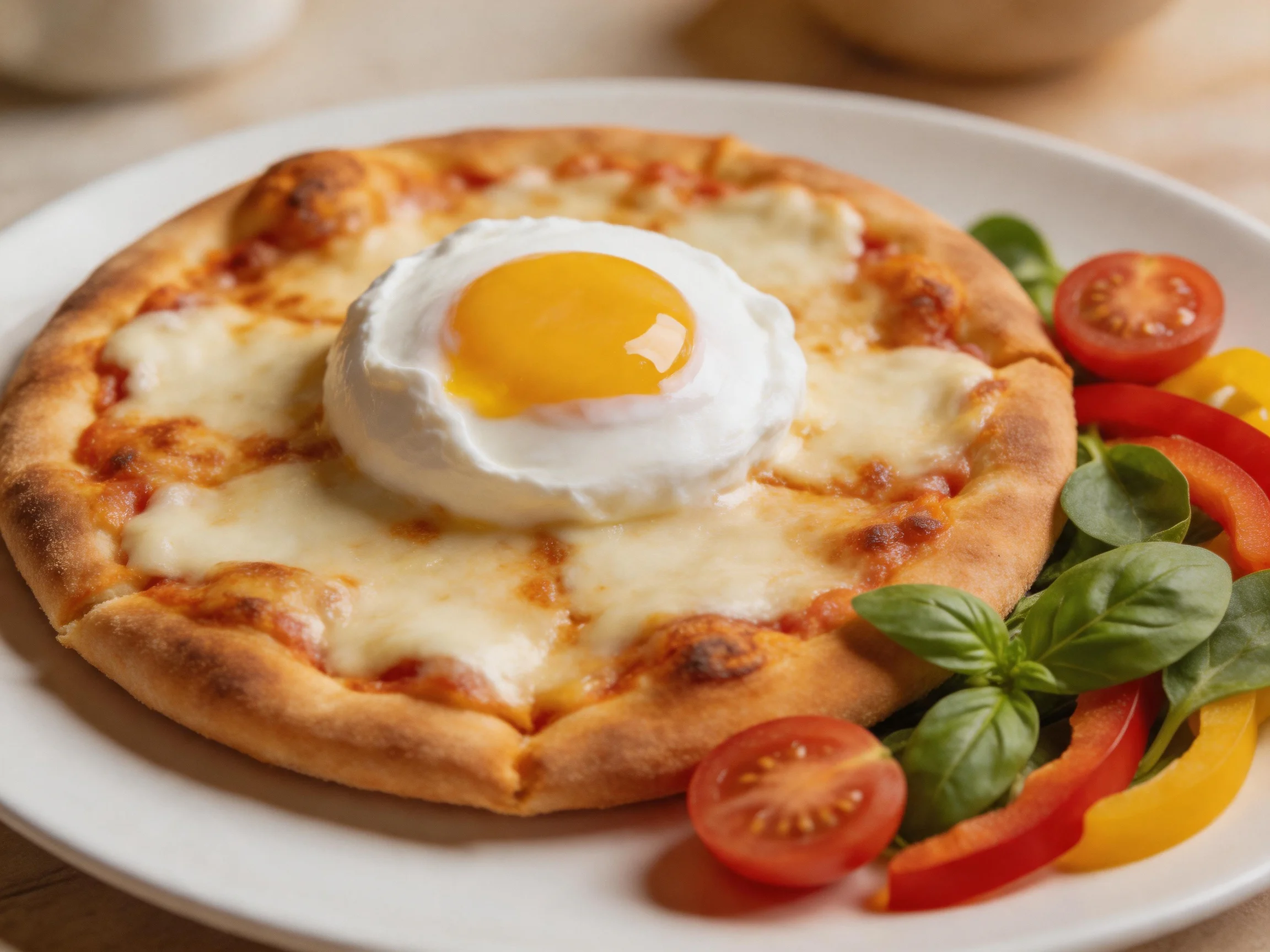 A small cheese-topped pizza with poached egg and fresh vegetable accompaniment