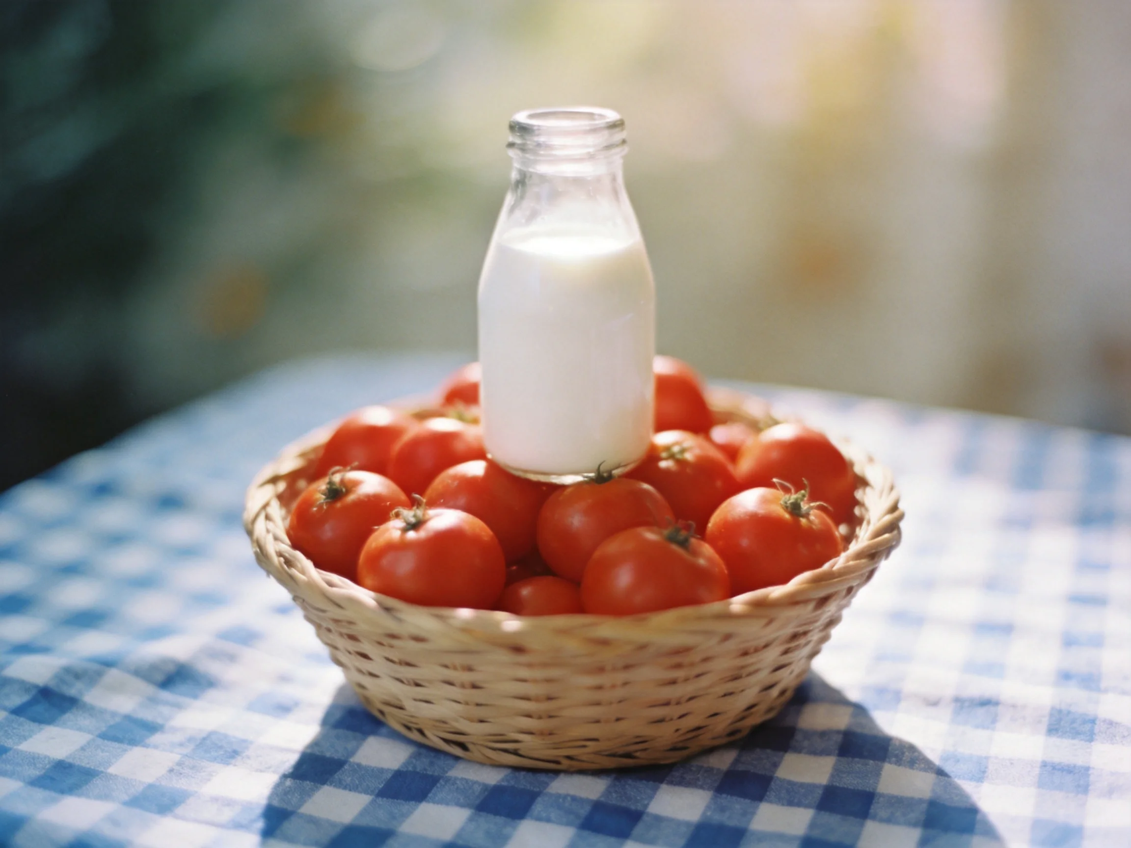 A small glass milk bottle centered in a basket of bright red tomatoes on blue checkered cloth