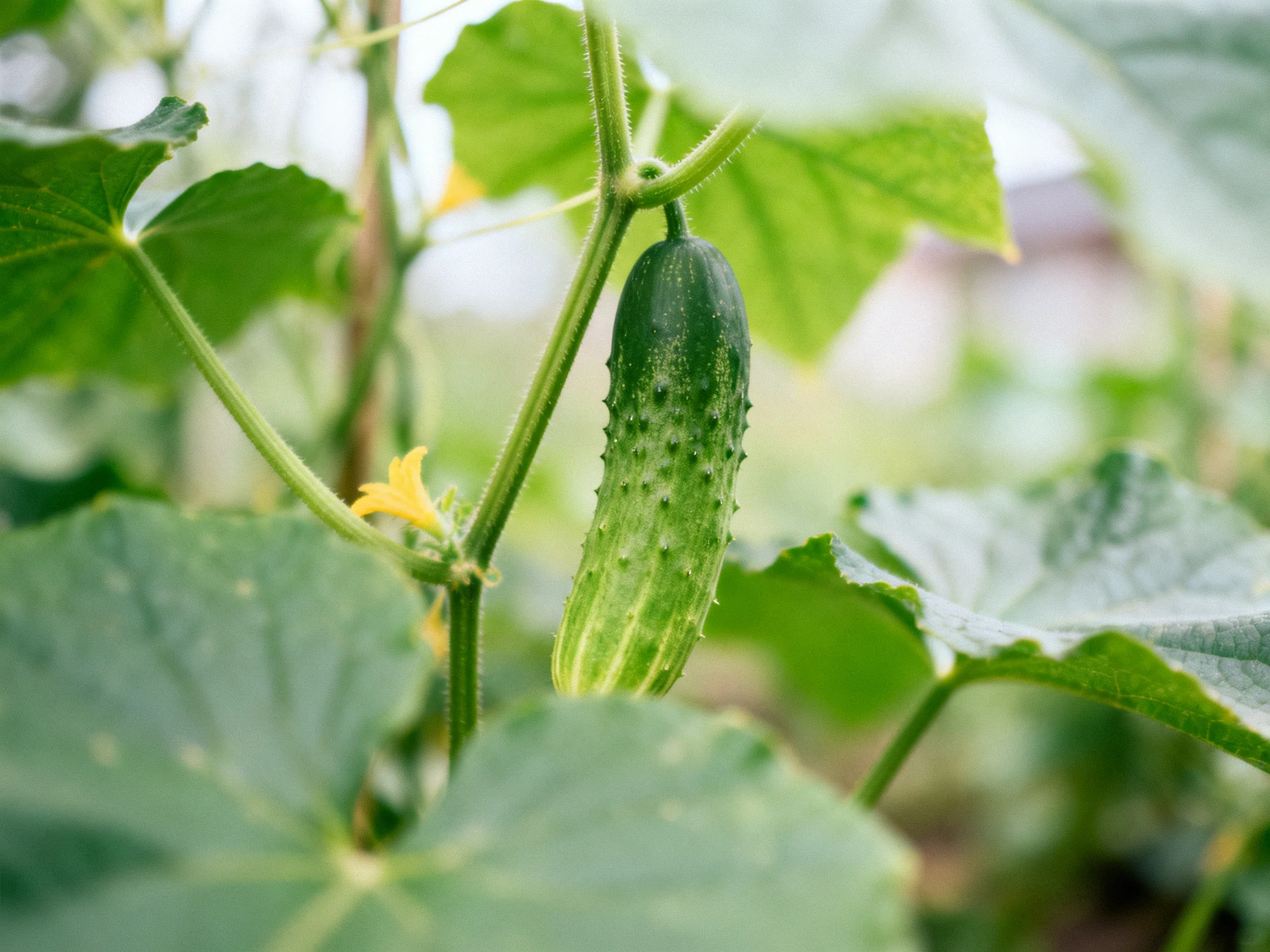 A small green cucumber hangs from a vine amid large green leaves