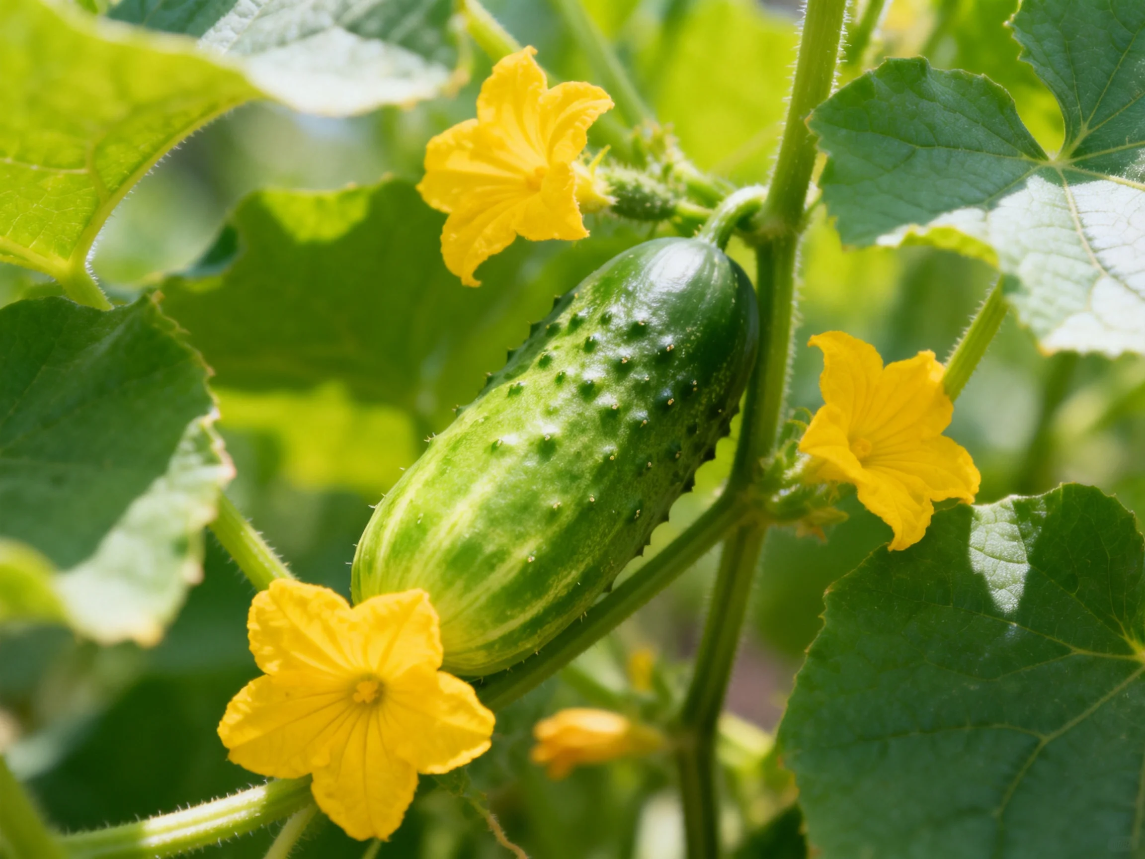 A small green cucumber surrounded by vibrant yellow flowers and broad green leaves