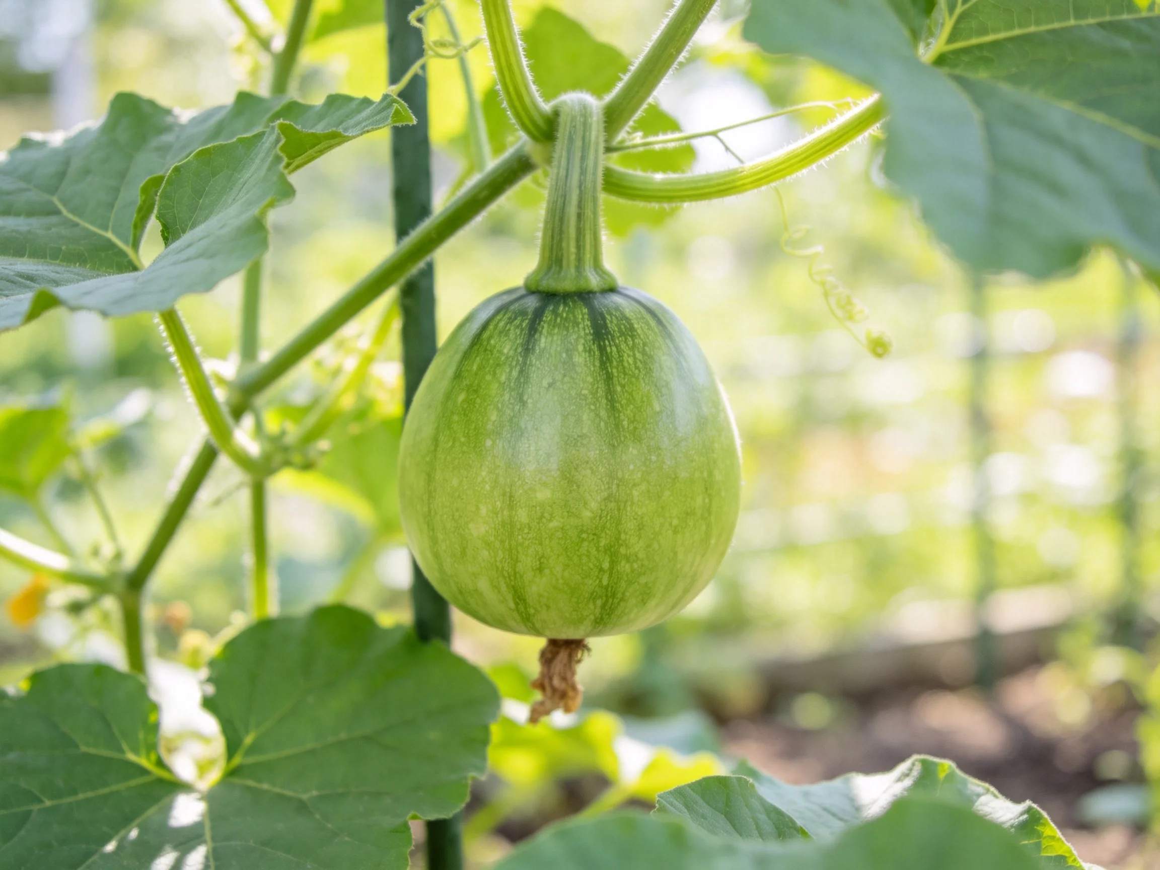 A small green gourd hangs from a vine amid lush green foliage