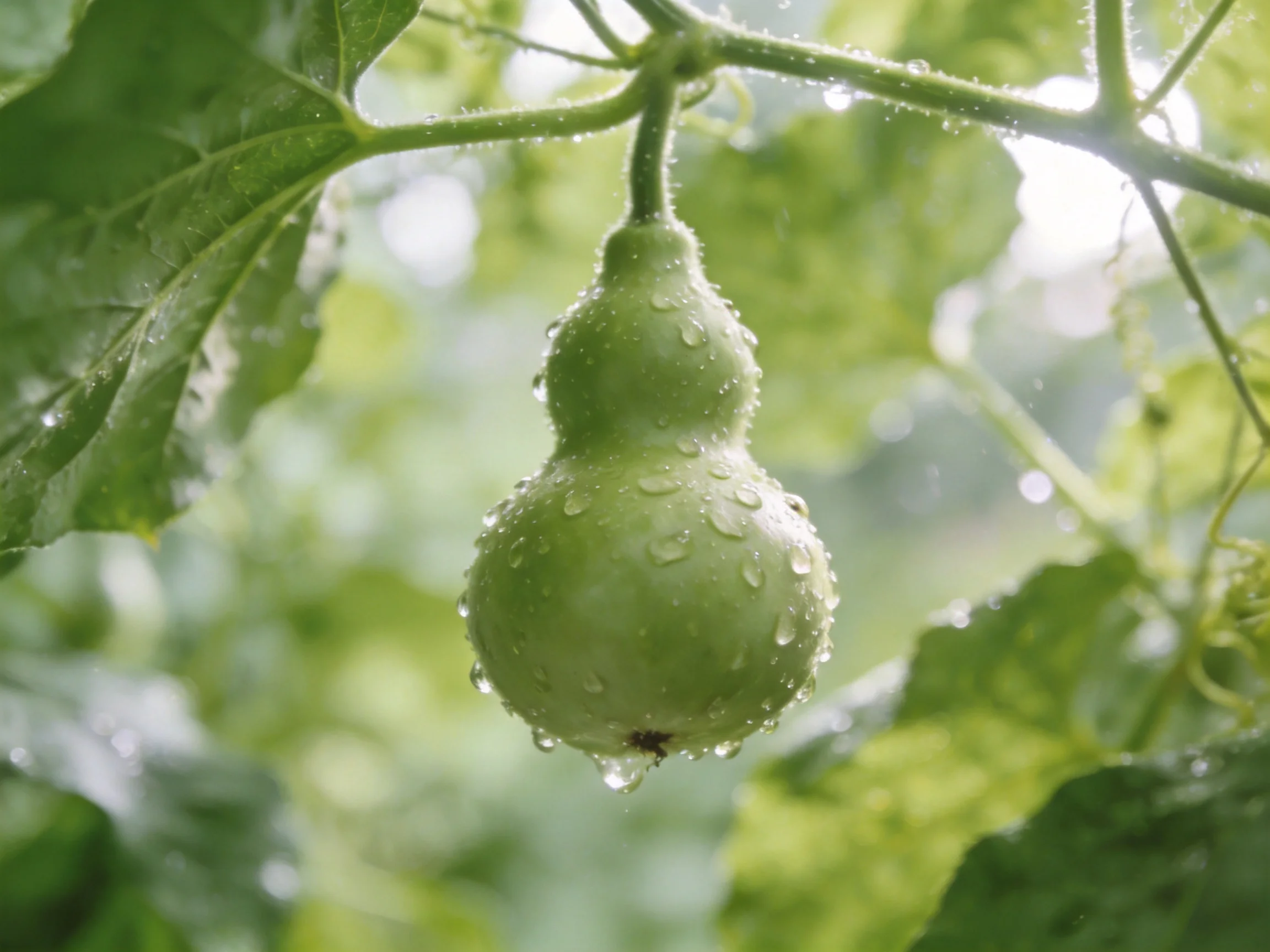 A small green gourd with water droplets hangs among lush green foliage