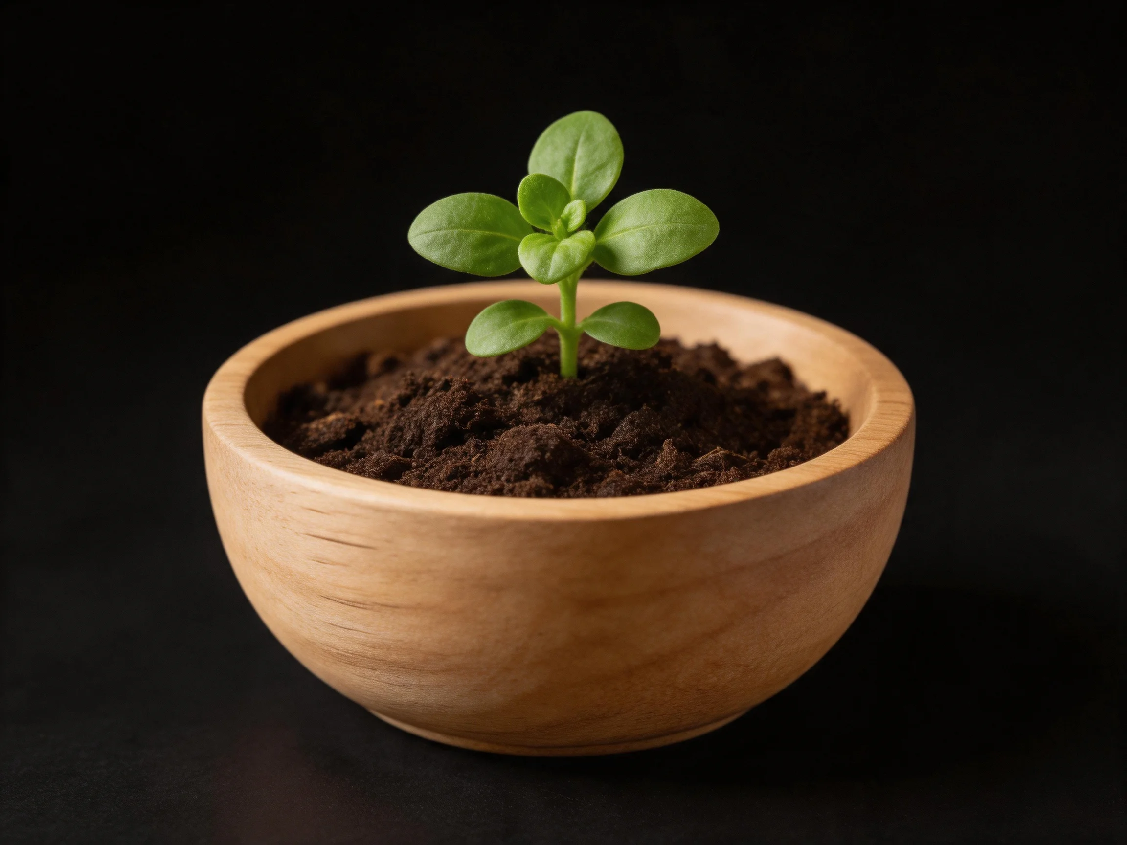 A small green plant grows from dark soil in a light brown wooden bowl