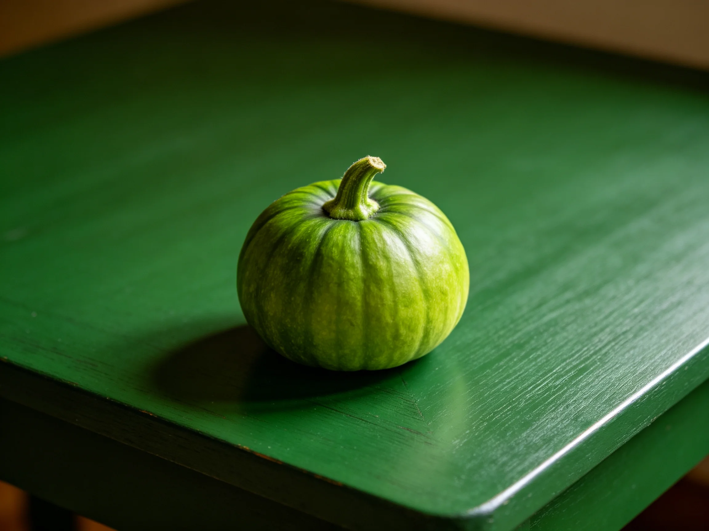 A small green striped pumpkin rests on a glossy green wooden table