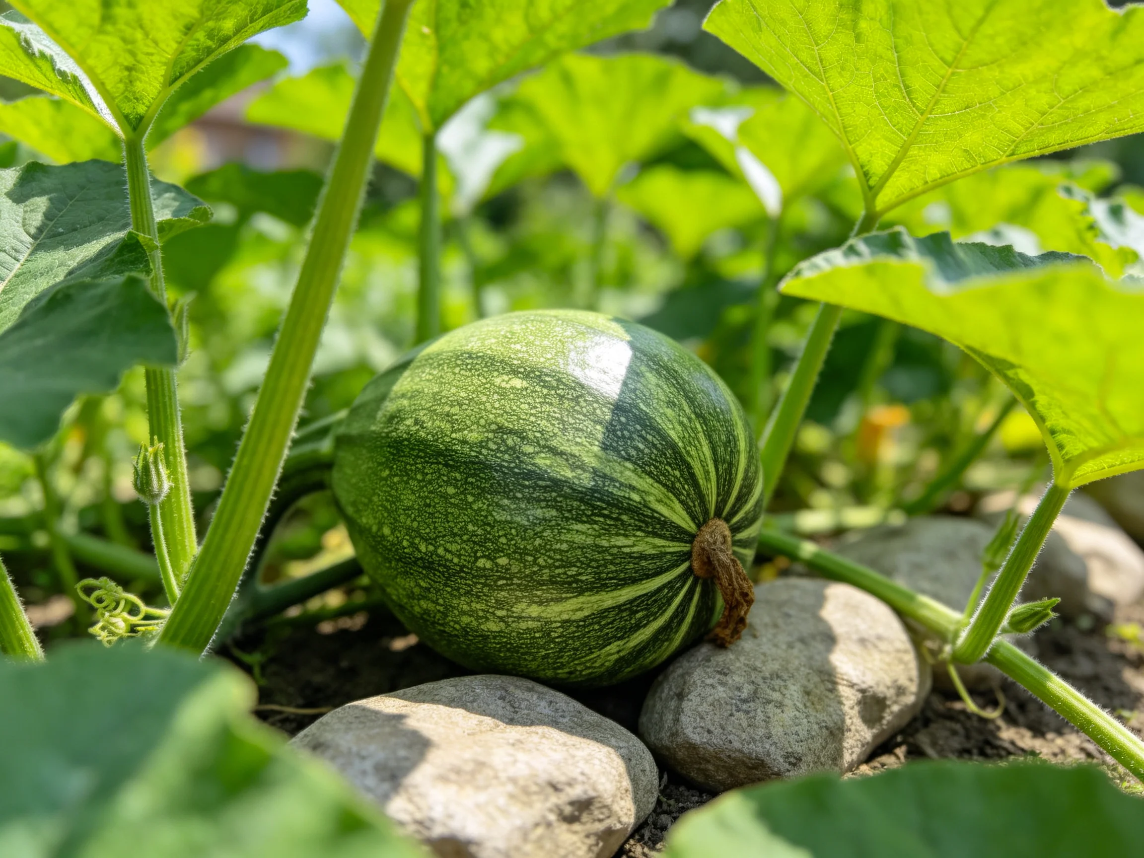 A small green striped squash grows among large leafy plants with surrounding garden stones