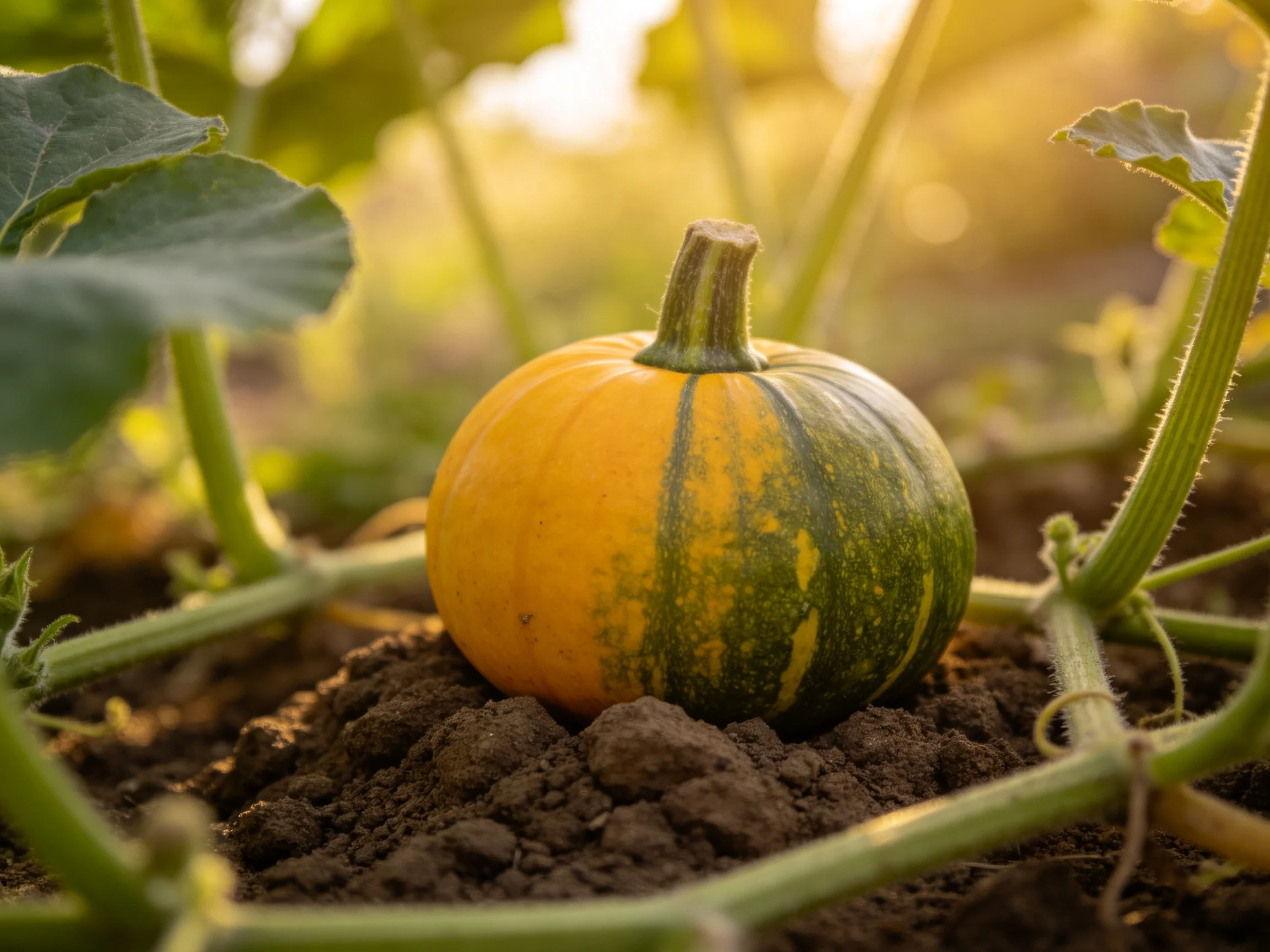 A small orange and green striped pumpkin sits in garden soil surrounded by green vines