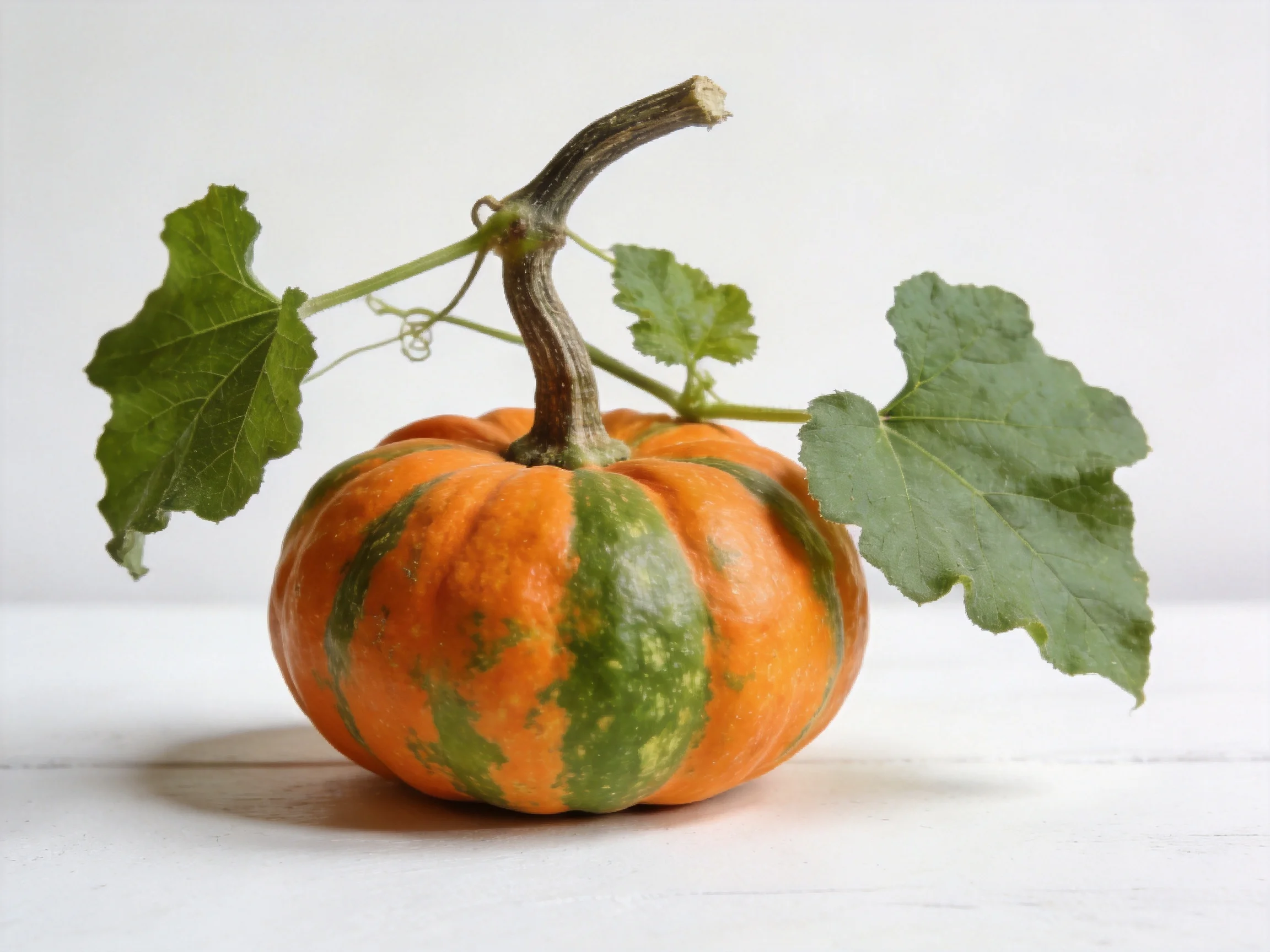 A small orange and green striped pumpkin with large green leaves on a white surface