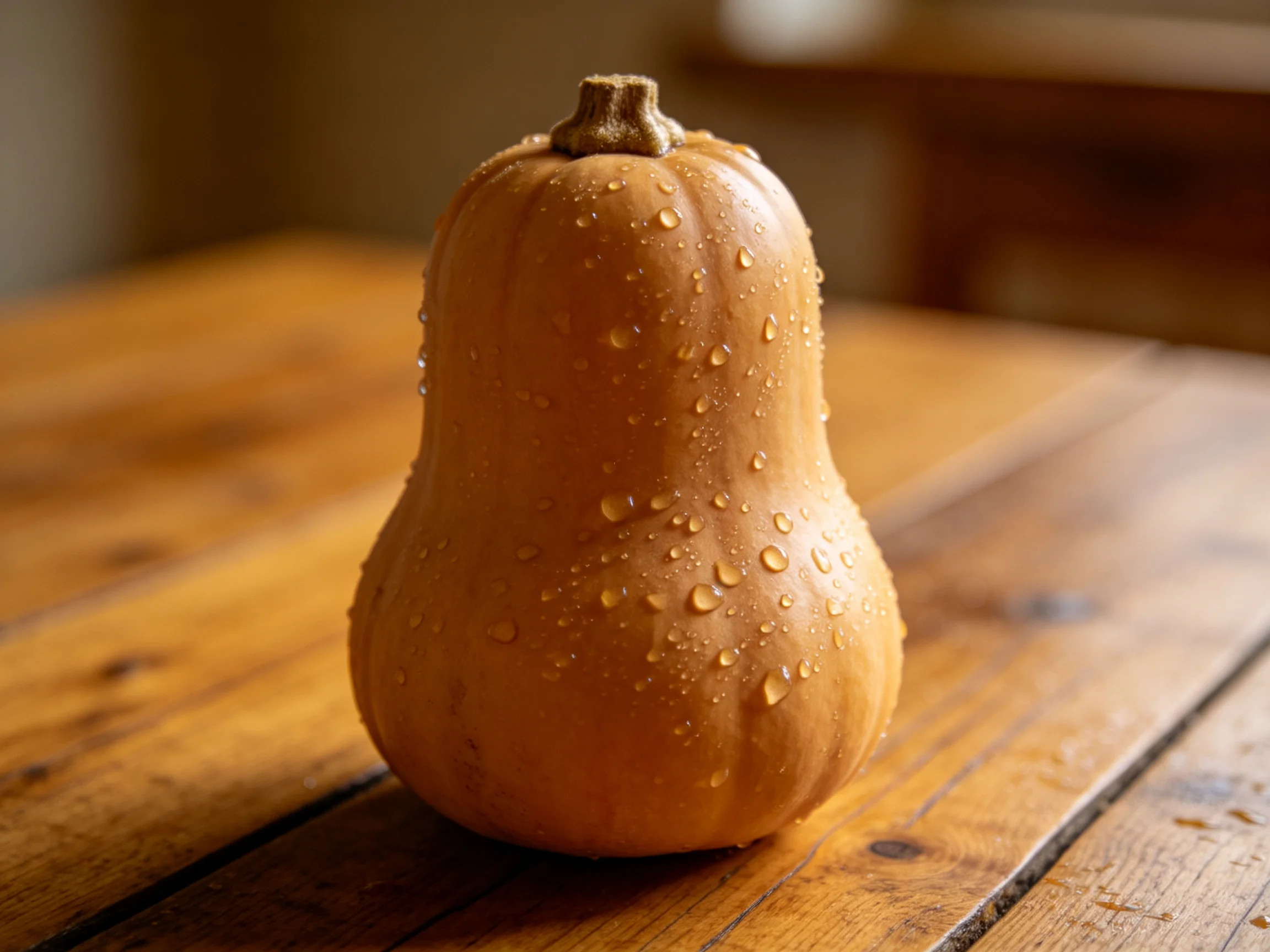 A small orange butternut squash with water droplets on a wooden table