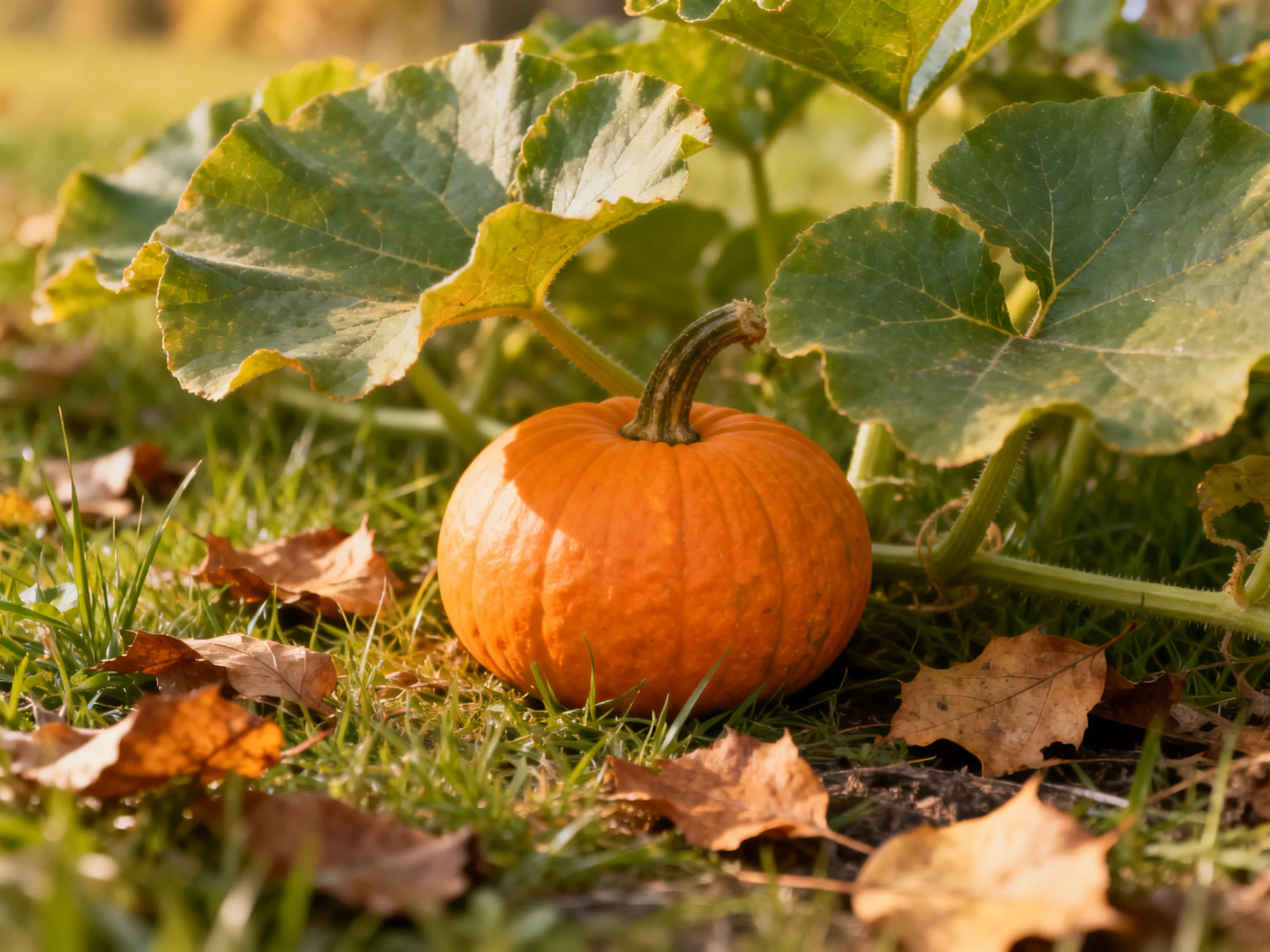 A small orange pumpkin among large green leaves and brown fallen leaves
