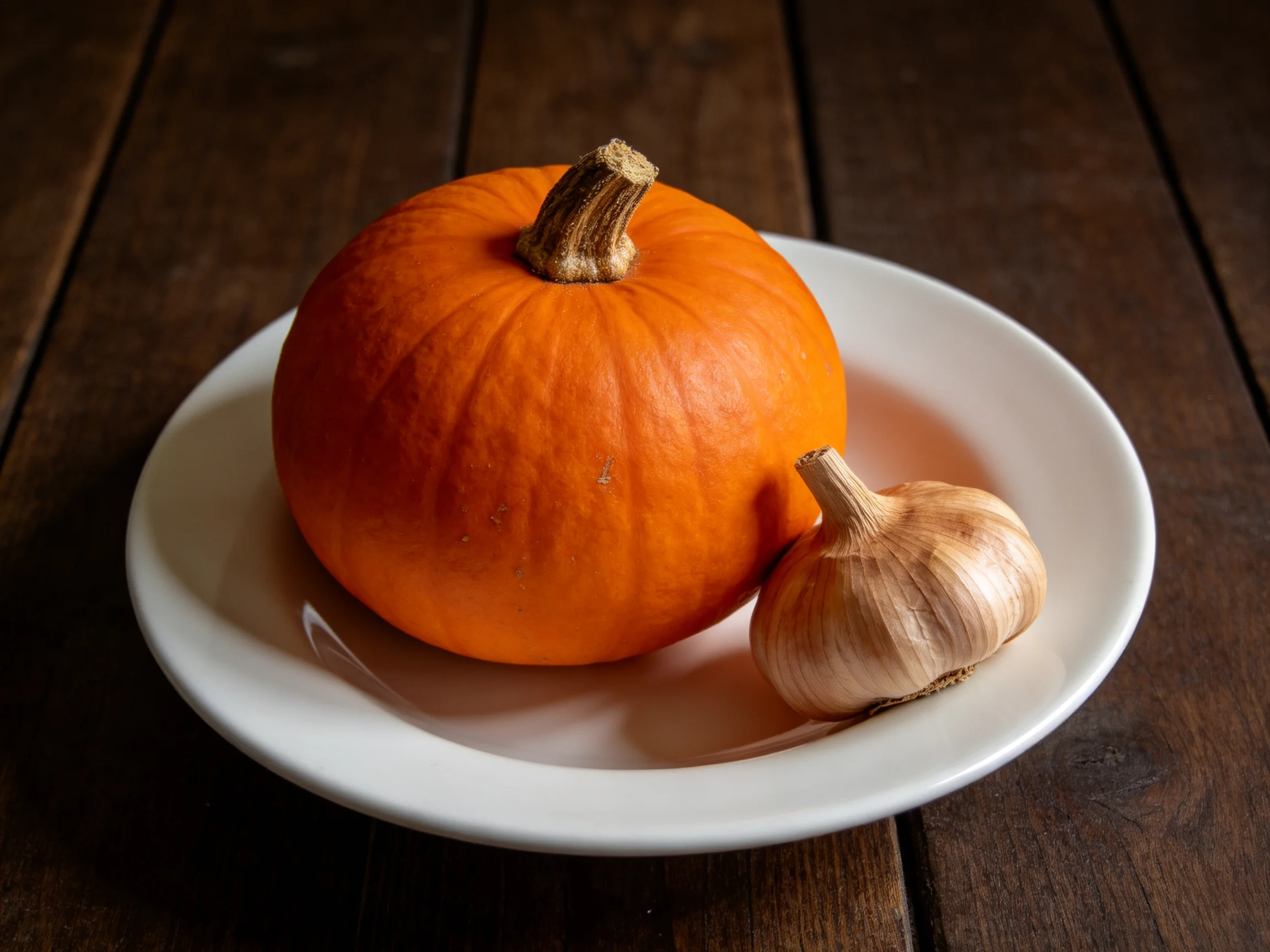 A small orange pumpkin and garlic on a white plate