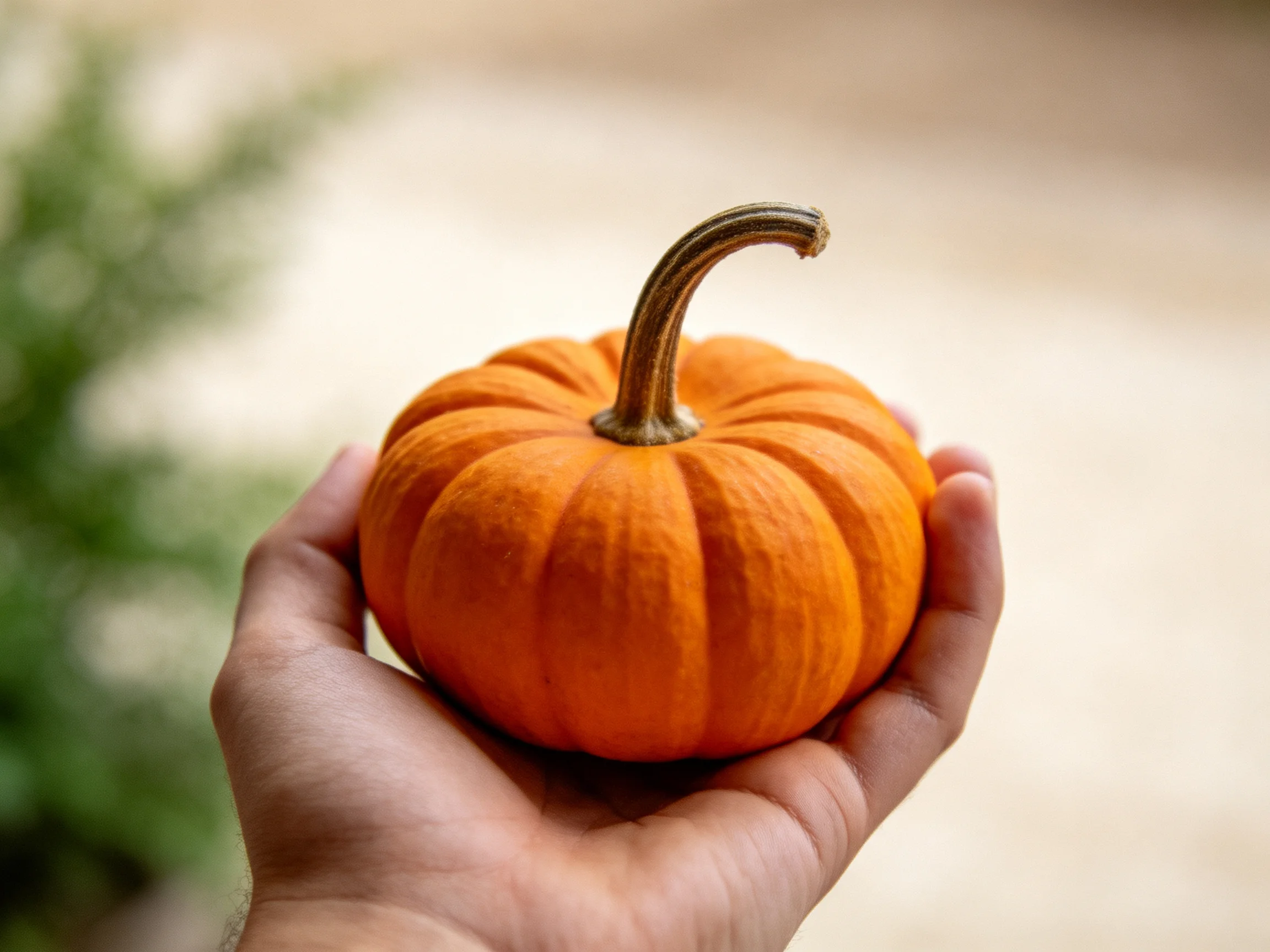 A small orange pumpkin cradled in a hand with a blurred green backdrop