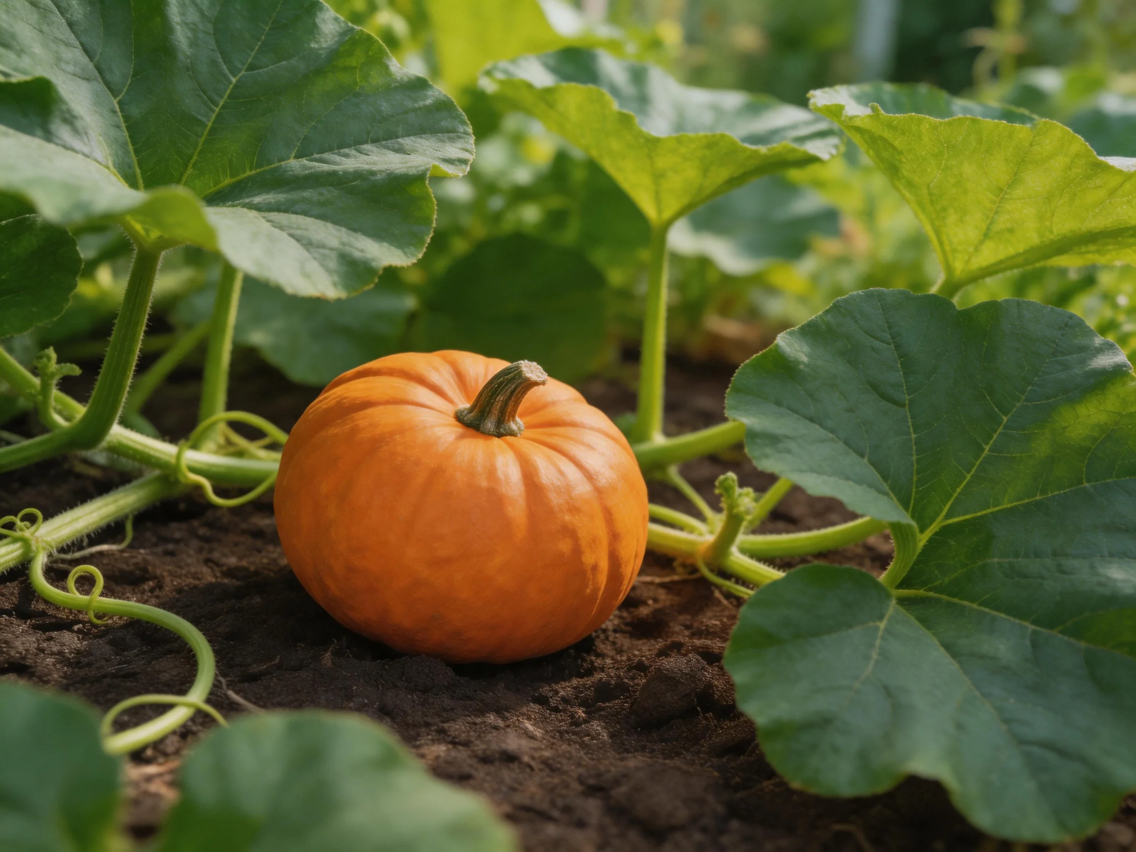 A small orange pumpkin grows among large green leaves in dark soil
