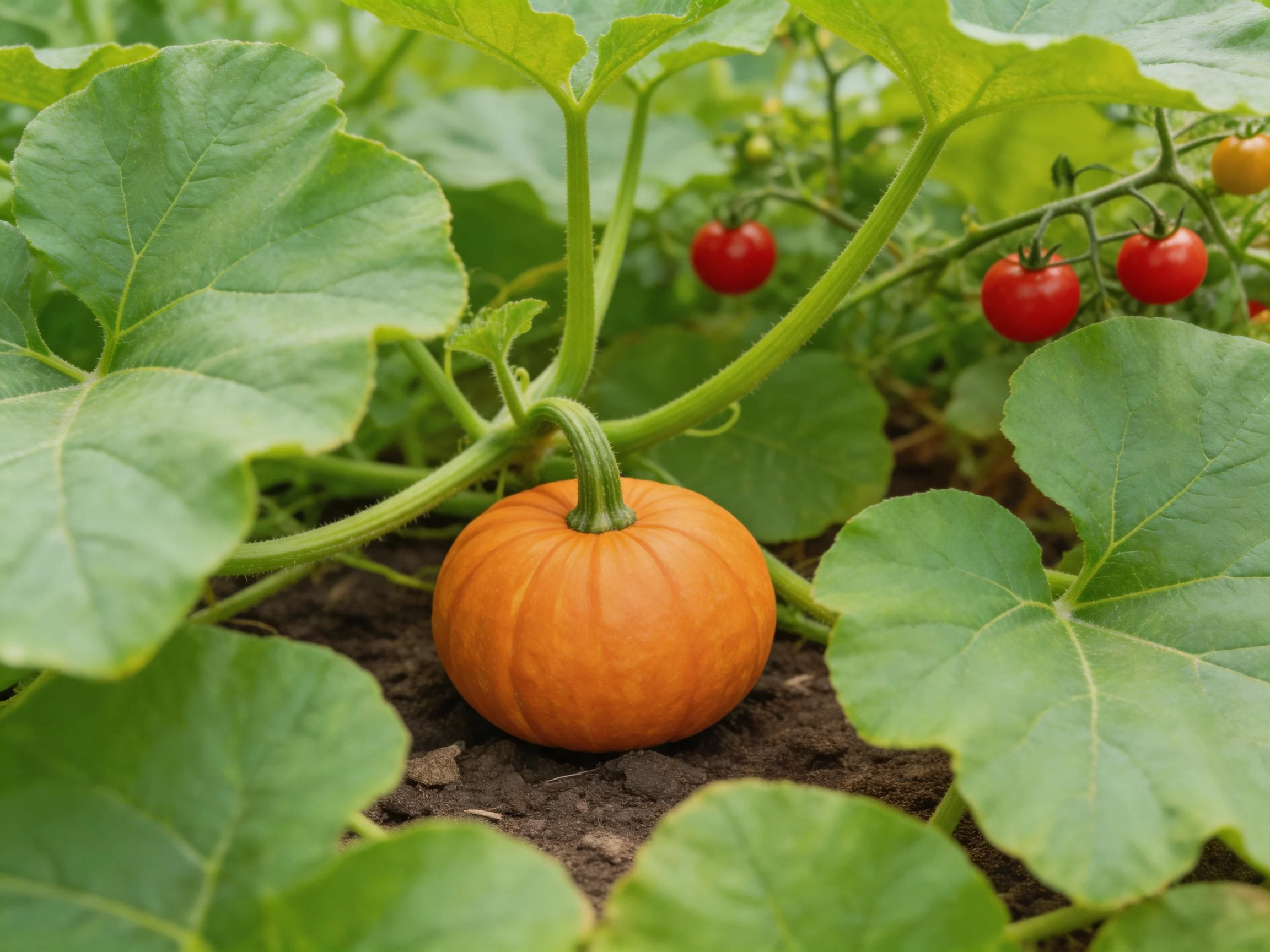 A small orange pumpkin near large green leaves with red cherry tomatoes