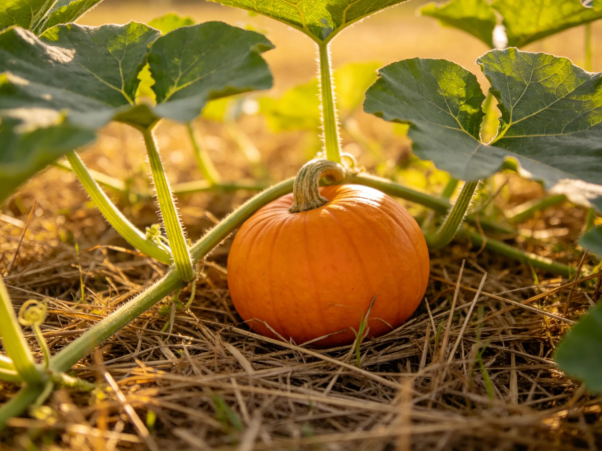 A small orange pumpkin nestled among broad green leaves on straw ground