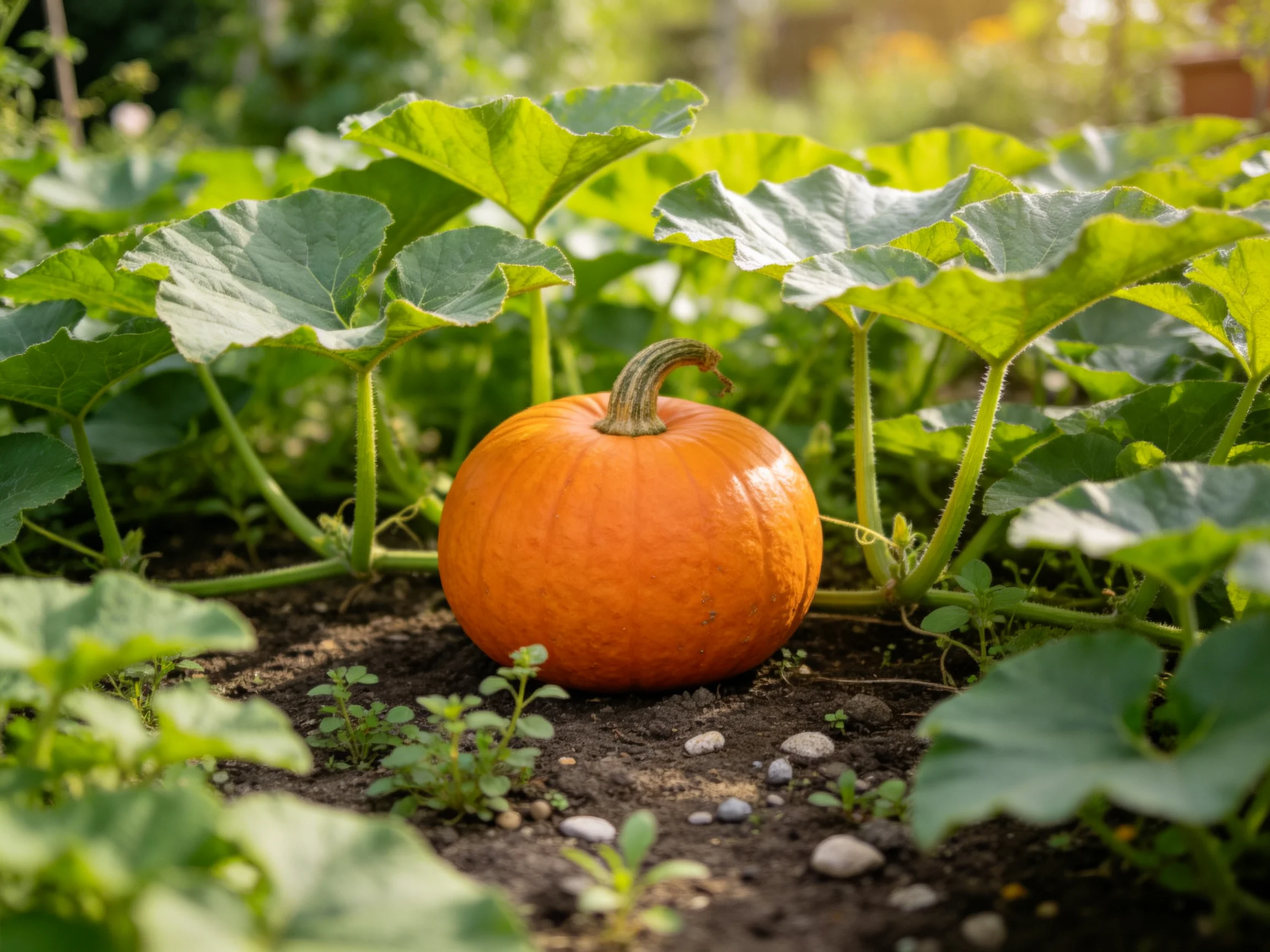 A small orange pumpkin nestled among large green leaves in a sunlit garden