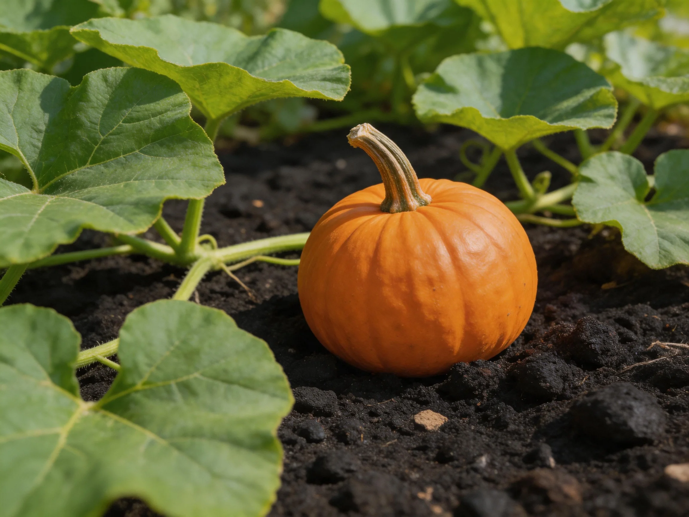 A small orange pumpkin nestled among large green leaves in dark garden soil