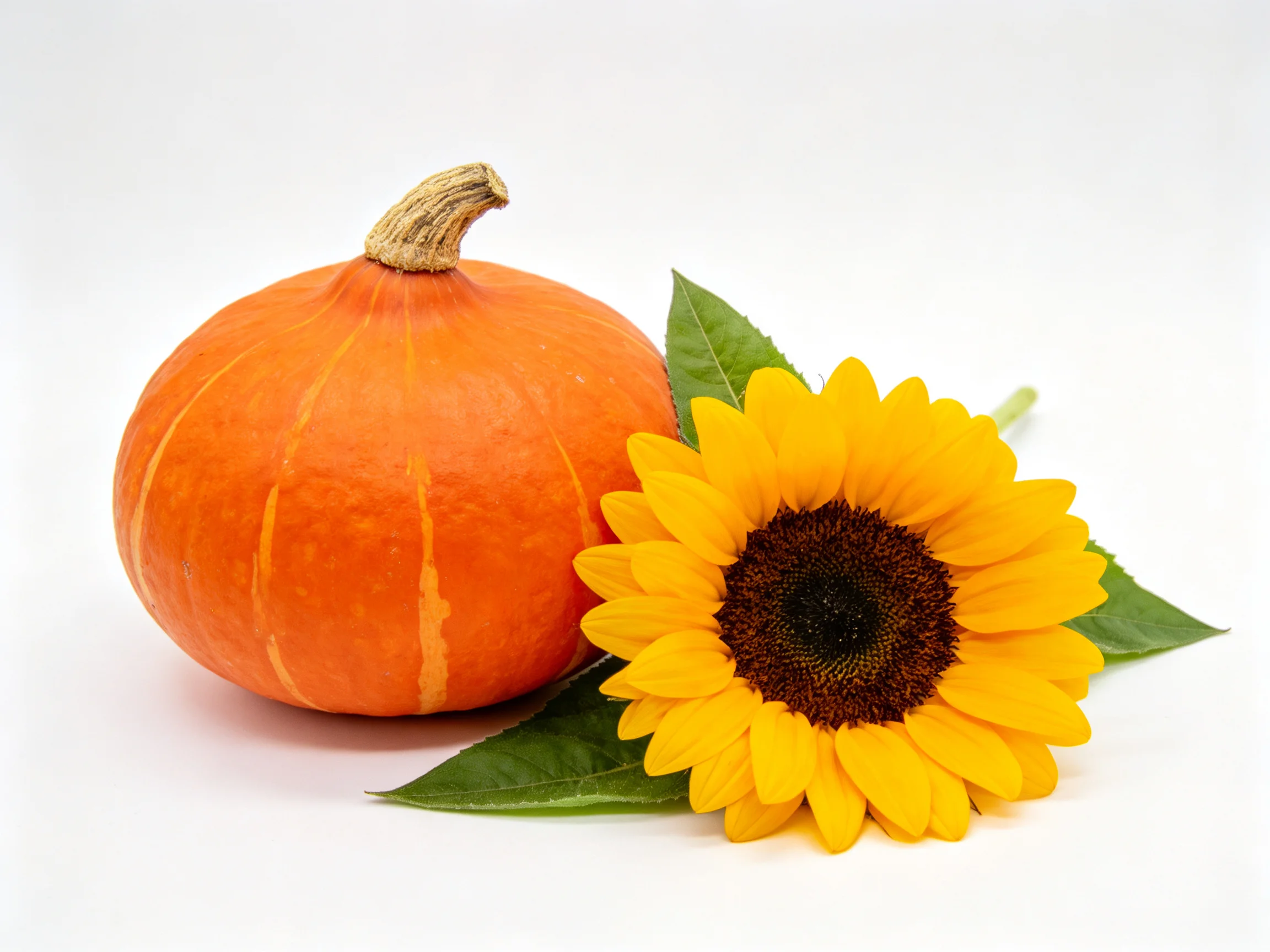 A small orange pumpkin next to a bright yellow sunflower with green leaves