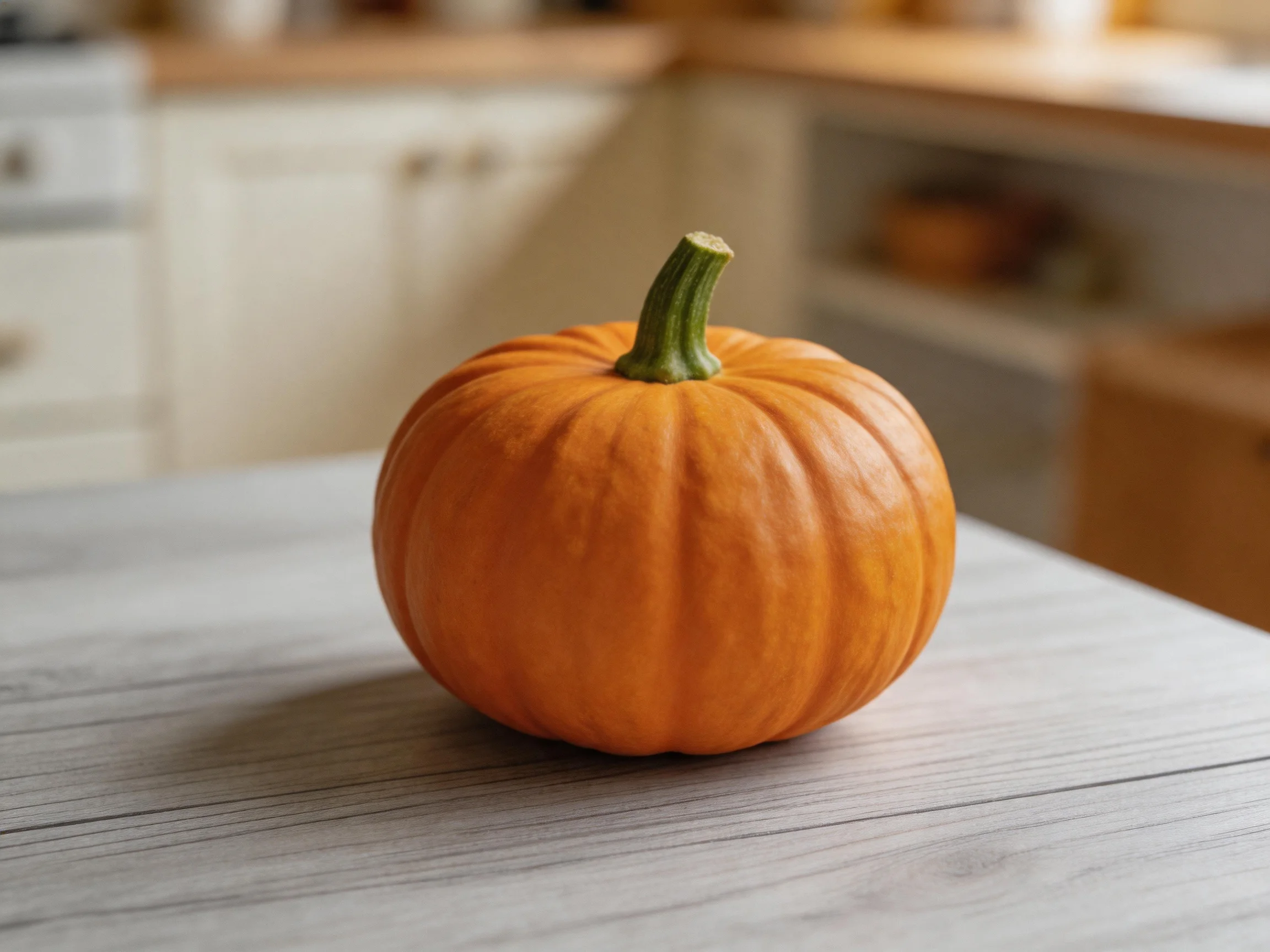 A small orange pumpkin placed on a light gray wooden table in a kitchen