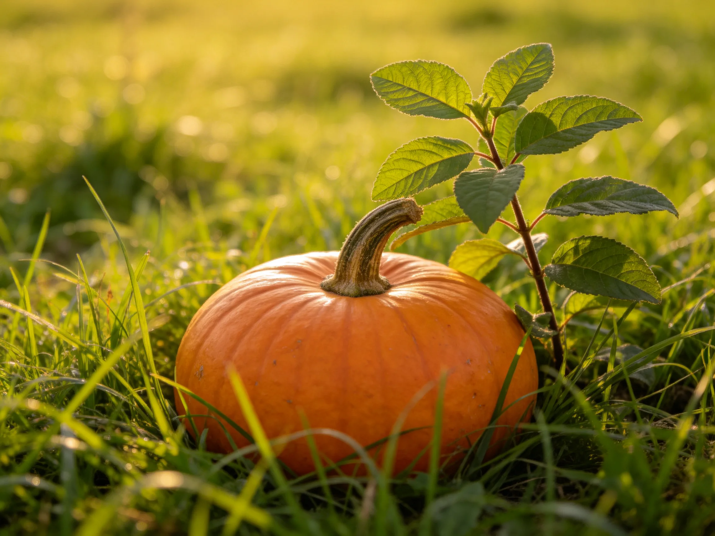 A small orange pumpkin rests amid lush green grass with leafy plants