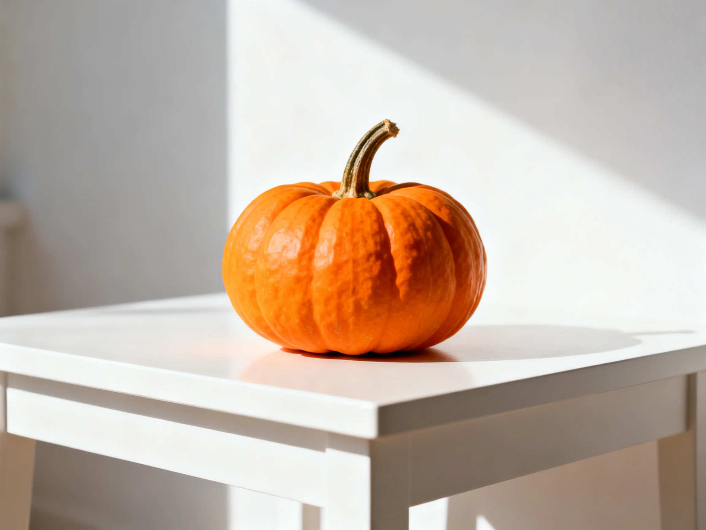 A small orange pumpkin rests on a minimalist white table