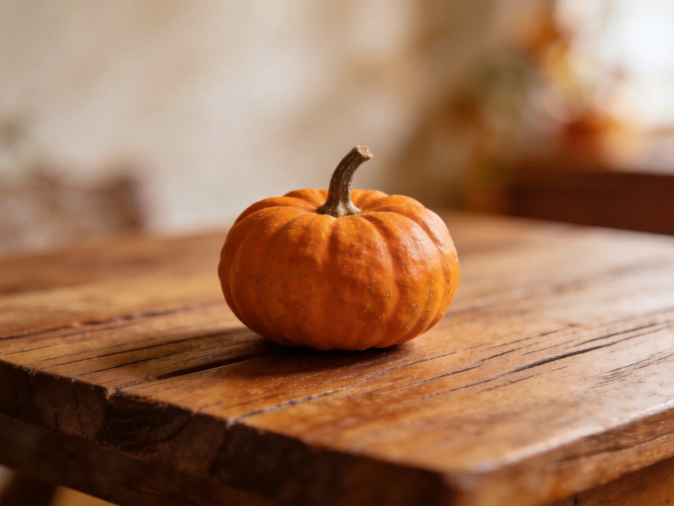 A small orange pumpkin rests on a rustic wooden table