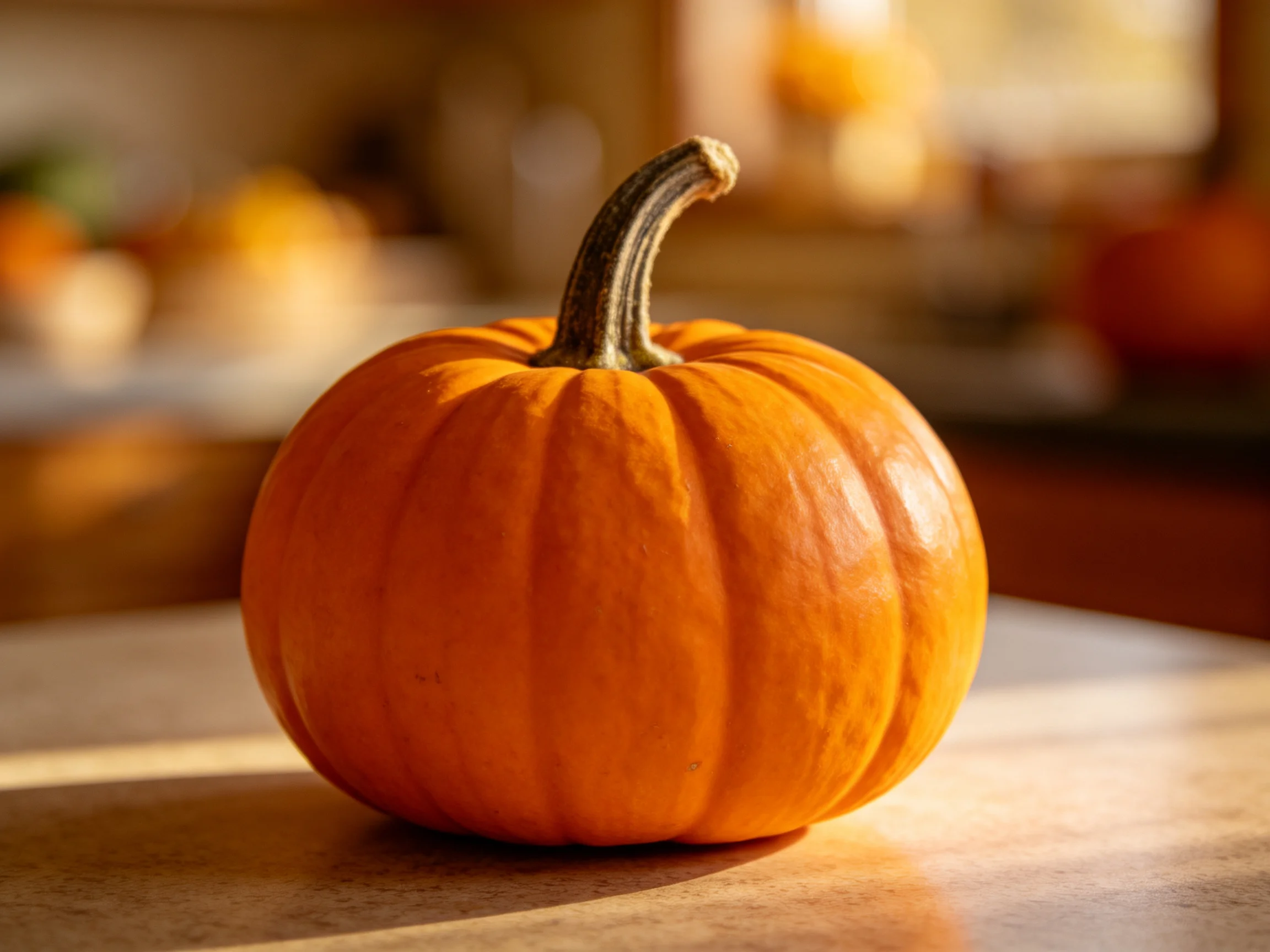 A small orange pumpkin rests on a smooth surface with warm lighting