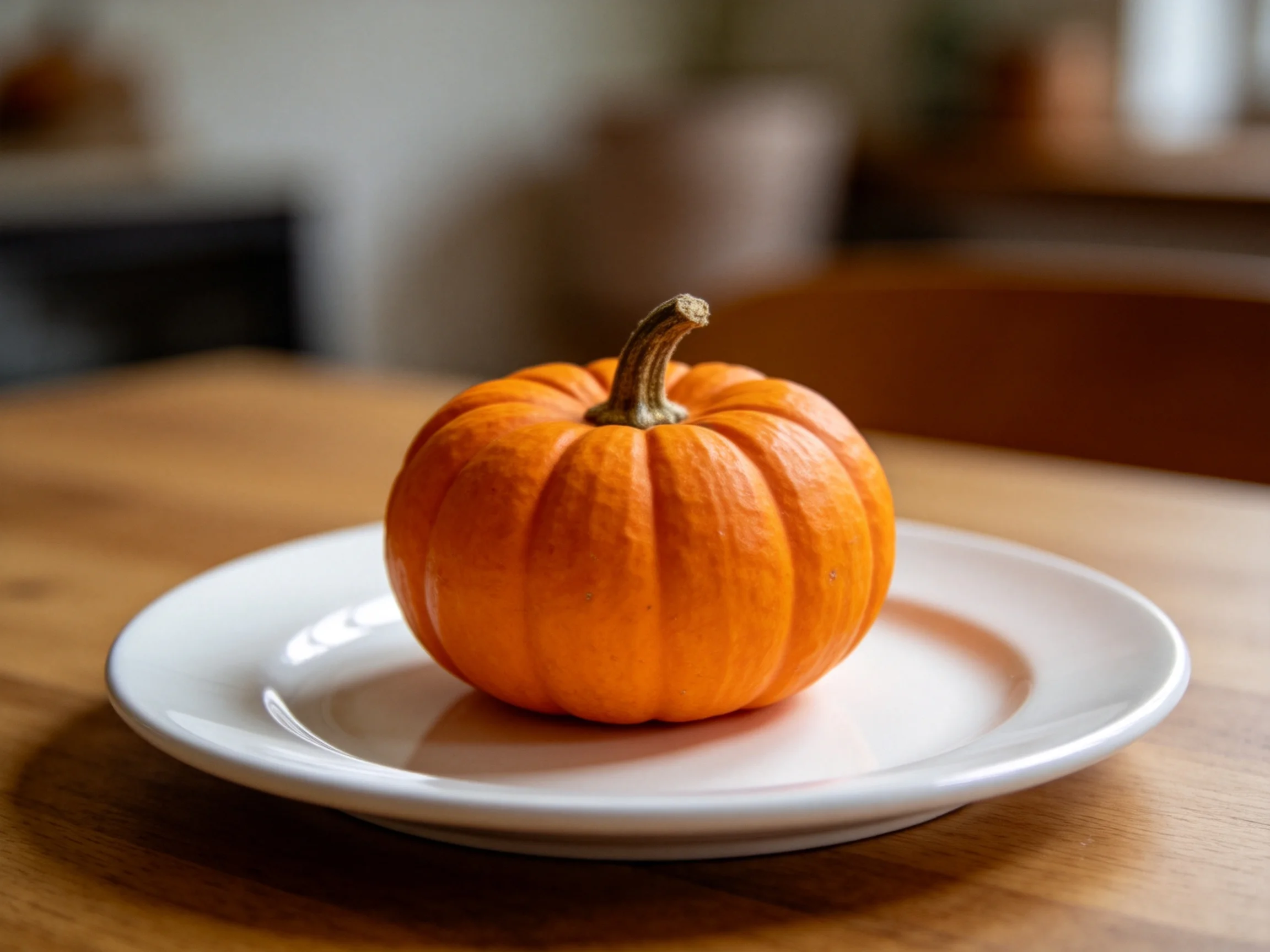 A small orange pumpkin rests on a white plate over a wooden table