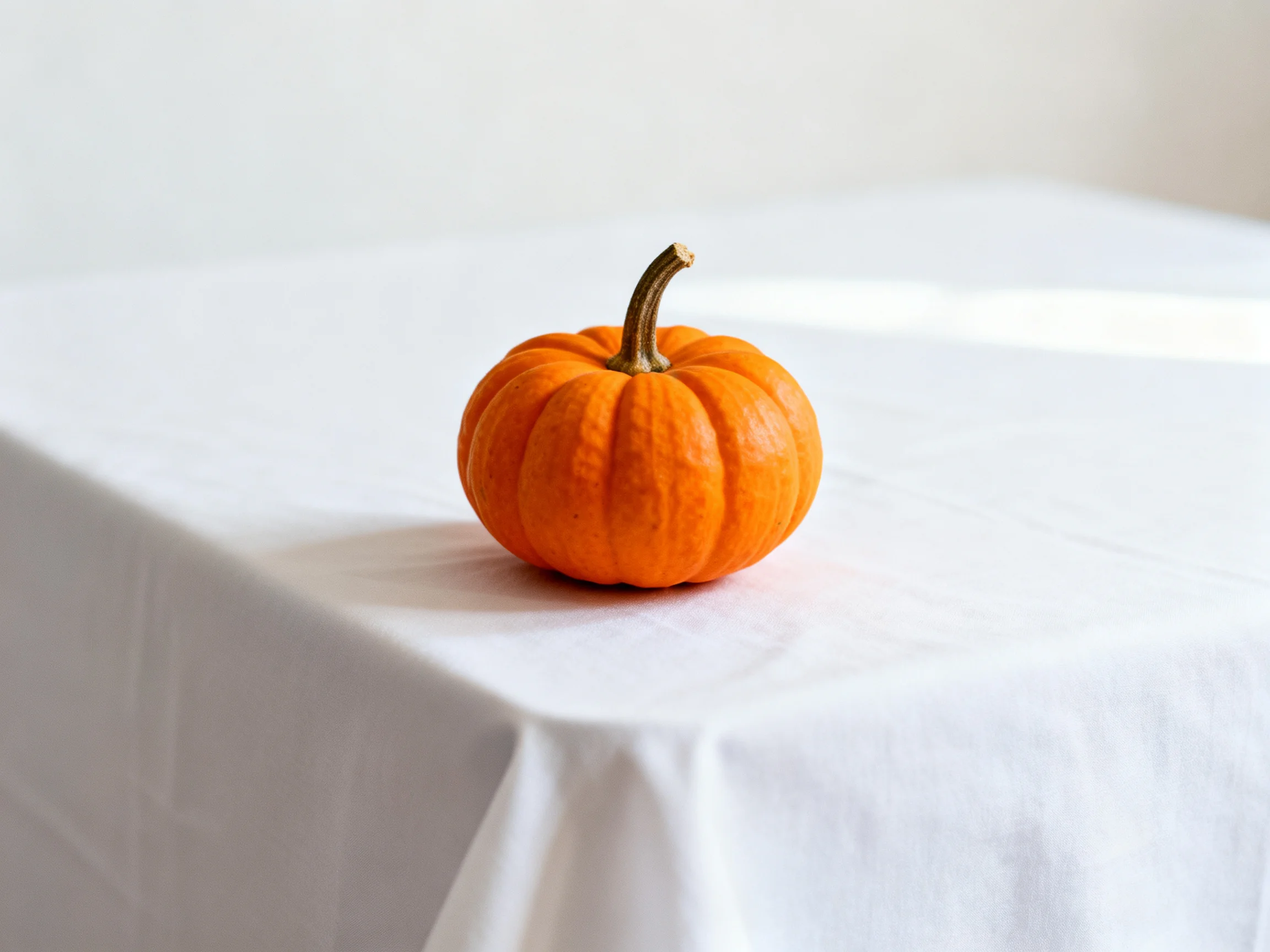 A small orange pumpkin rests on a white tablecloth
