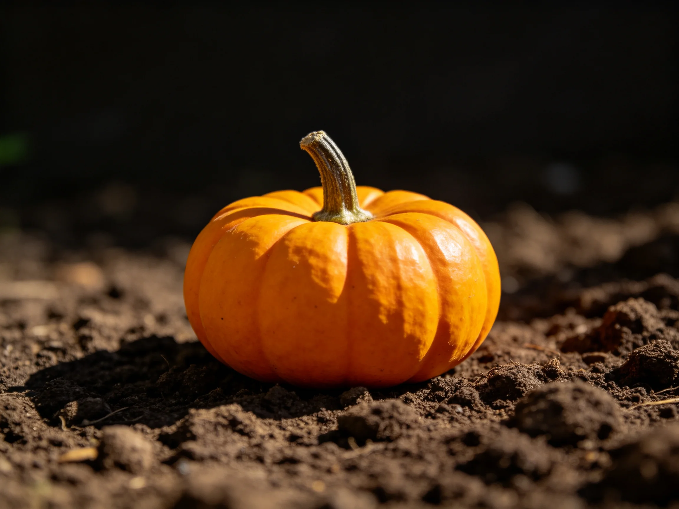 A small orange pumpkin rests on dark, crumbly soil