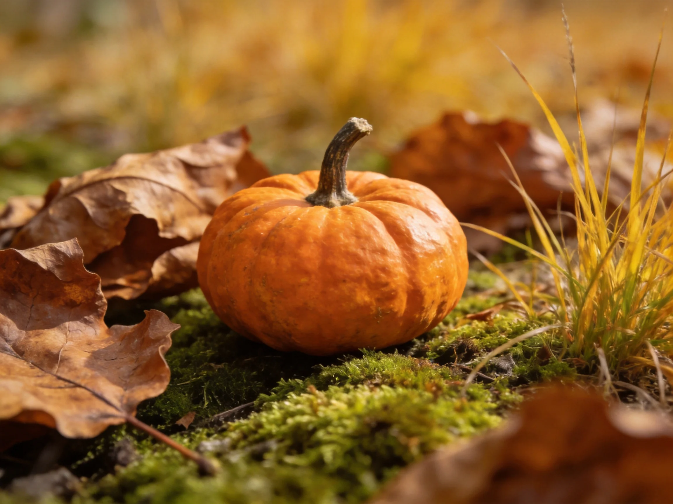 A small orange pumpkin sits amid brown fallen leaves, green moss, and yellow grass