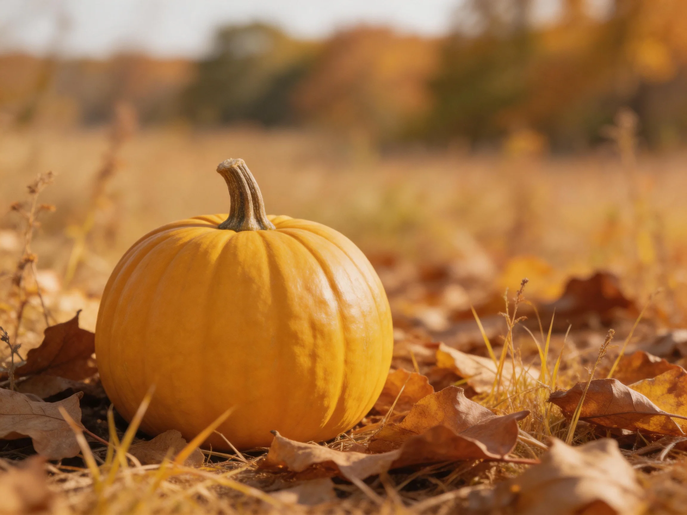 A small orange pumpkin sits among dry brown leaves and golden grass