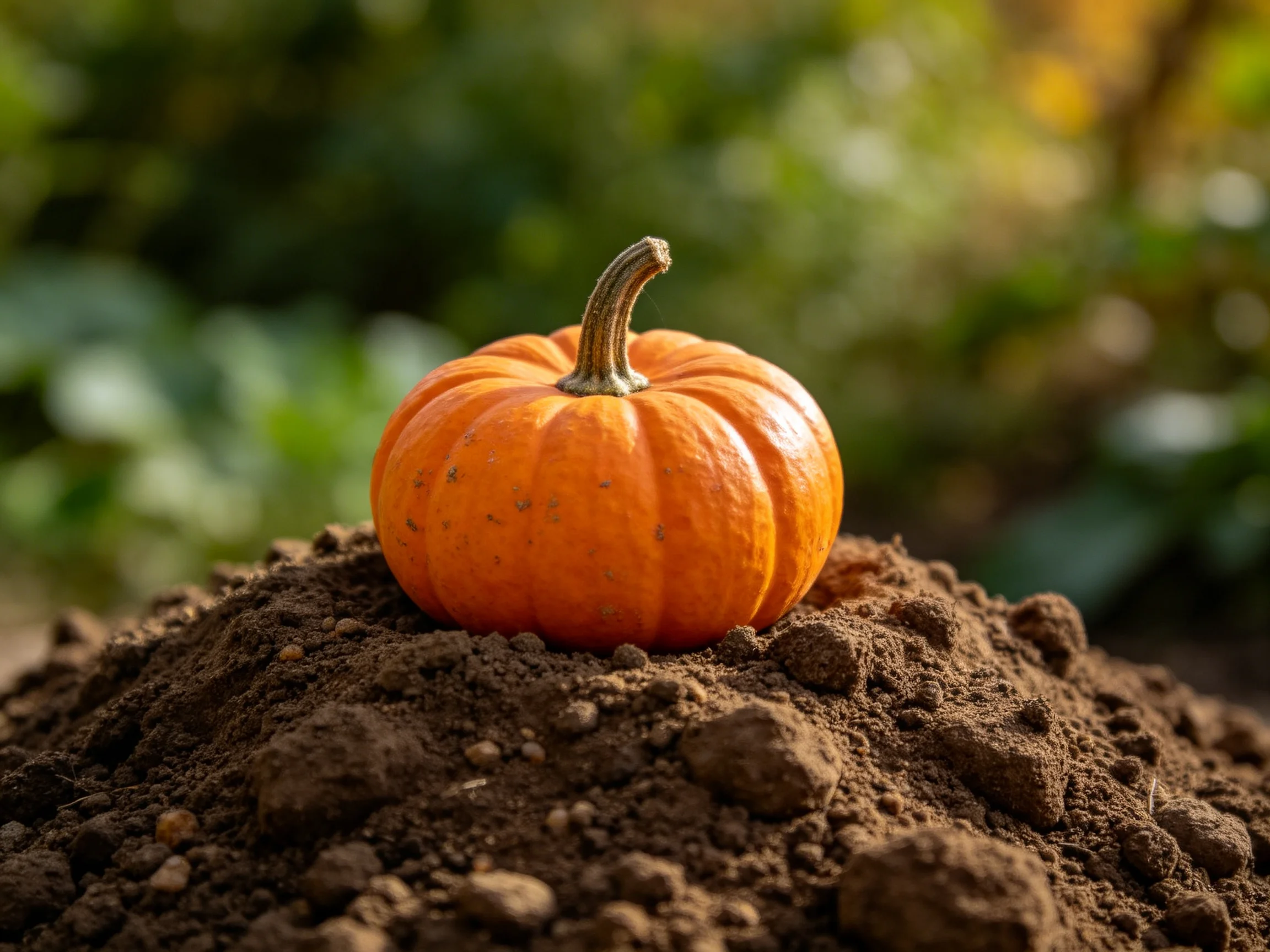 A small orange pumpkin sits atop a mound of dark brown soil in a sunlit garden