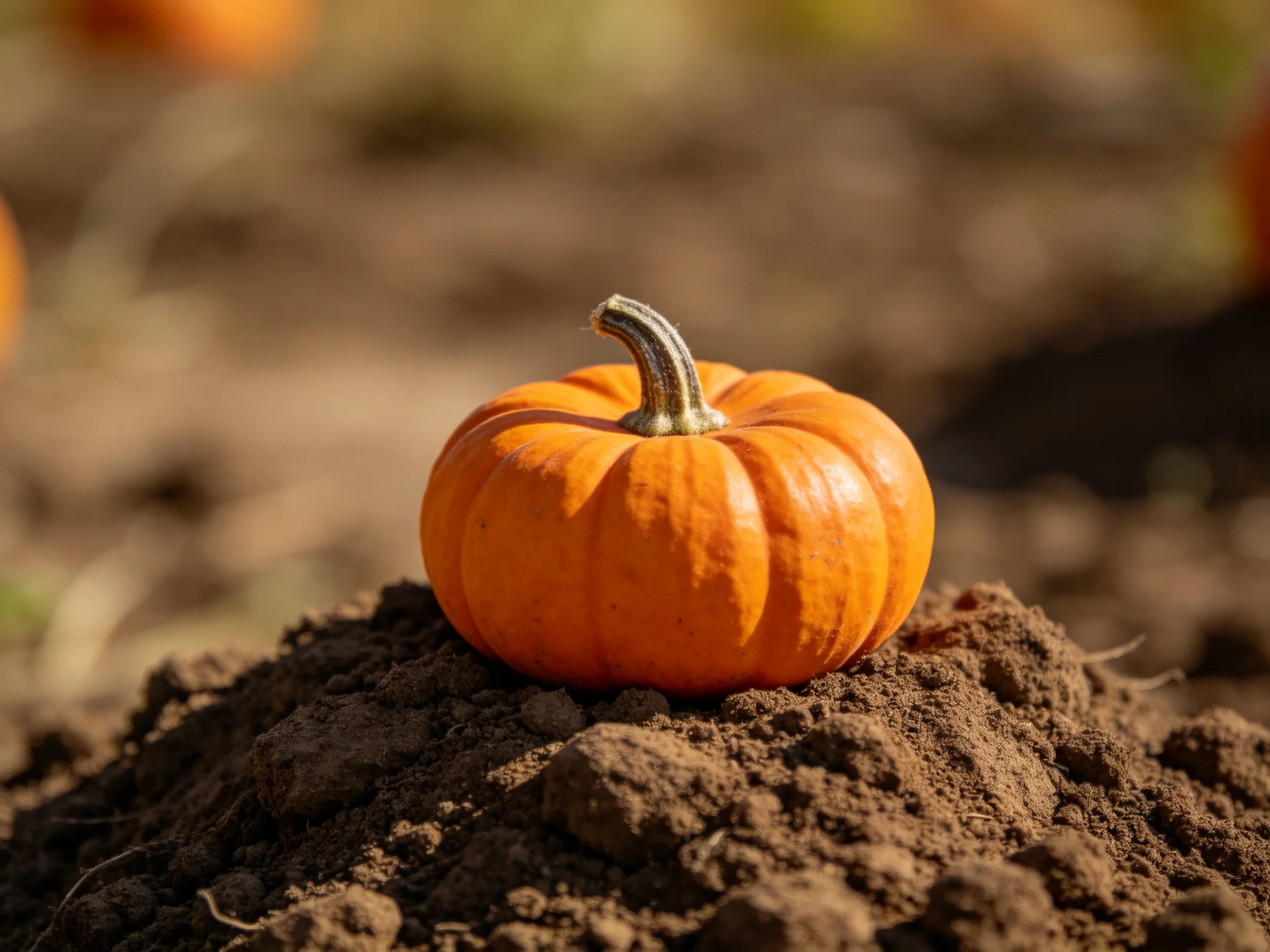 A small orange pumpkin sits atop a mound of dark soil in a sunlit outdoor setting