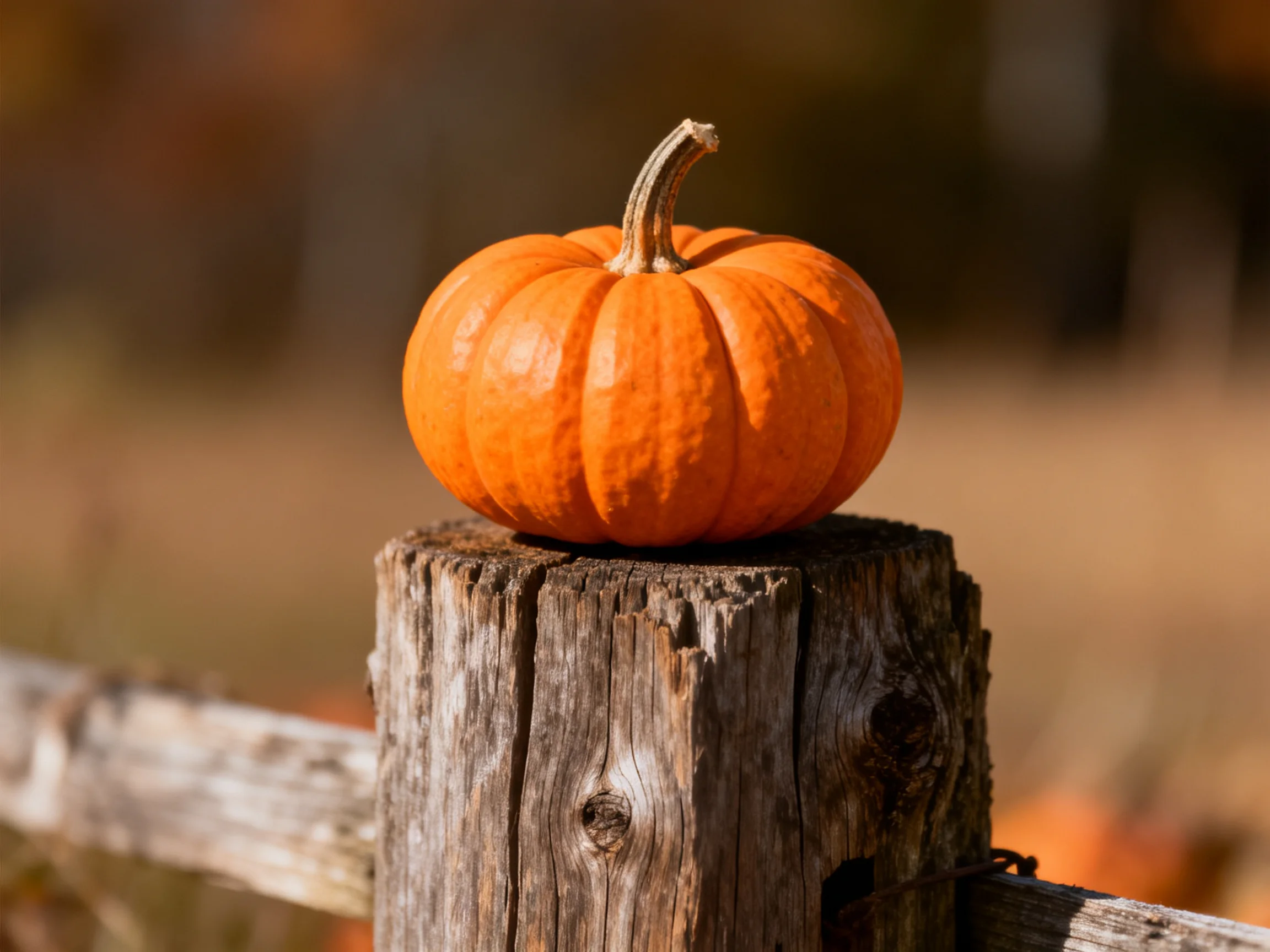 A small orange pumpkin sits atop a weathered wooden fence post