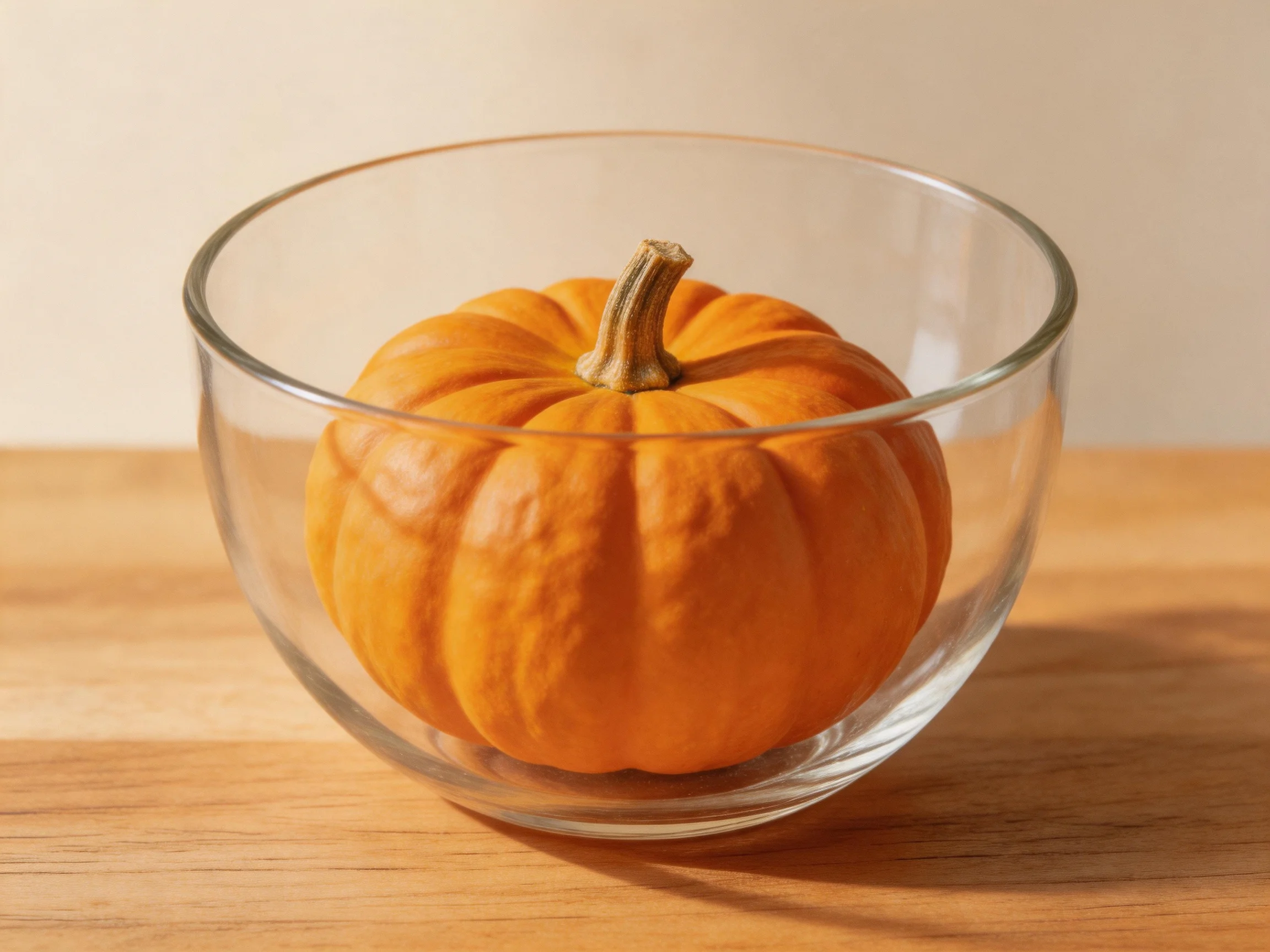 A small orange pumpkin sits in a clear glass bowl on a wooden surface