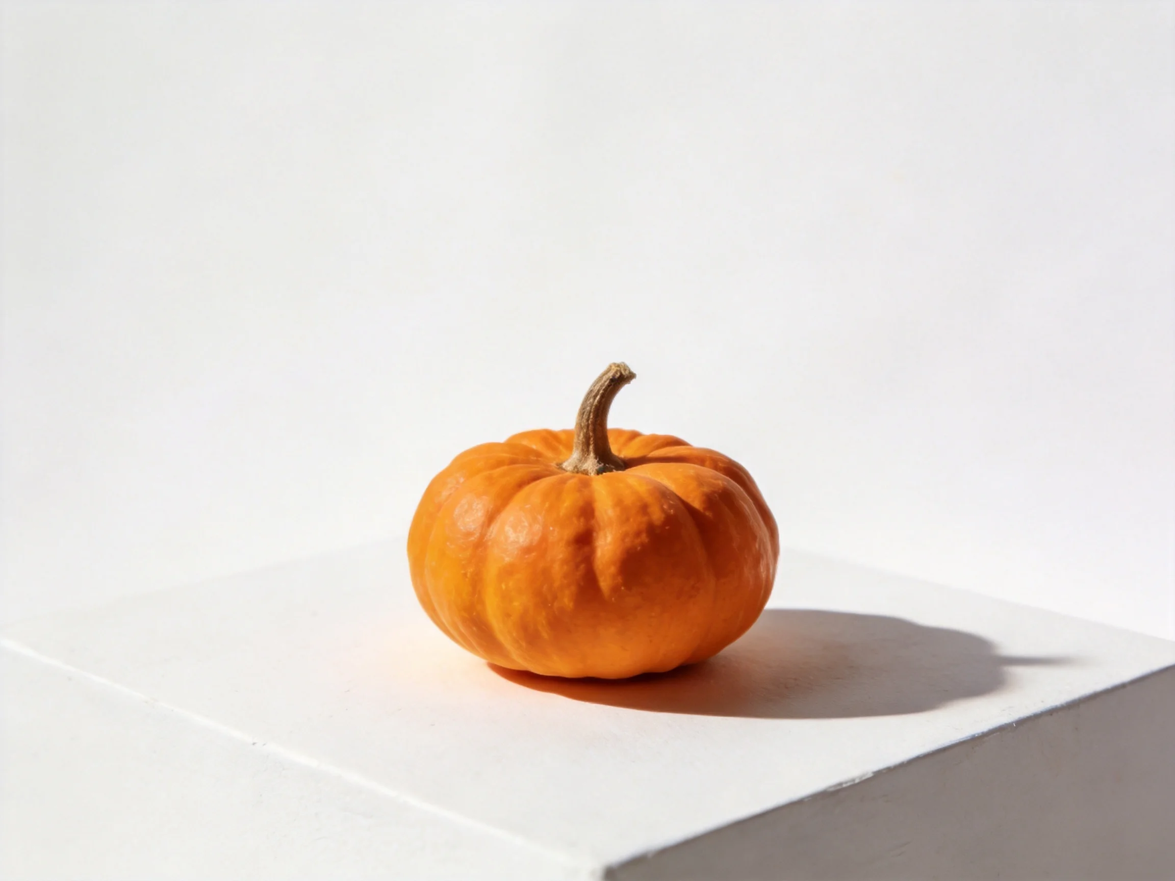 A small orange pumpkin sits on a white surface with a distinct shadow