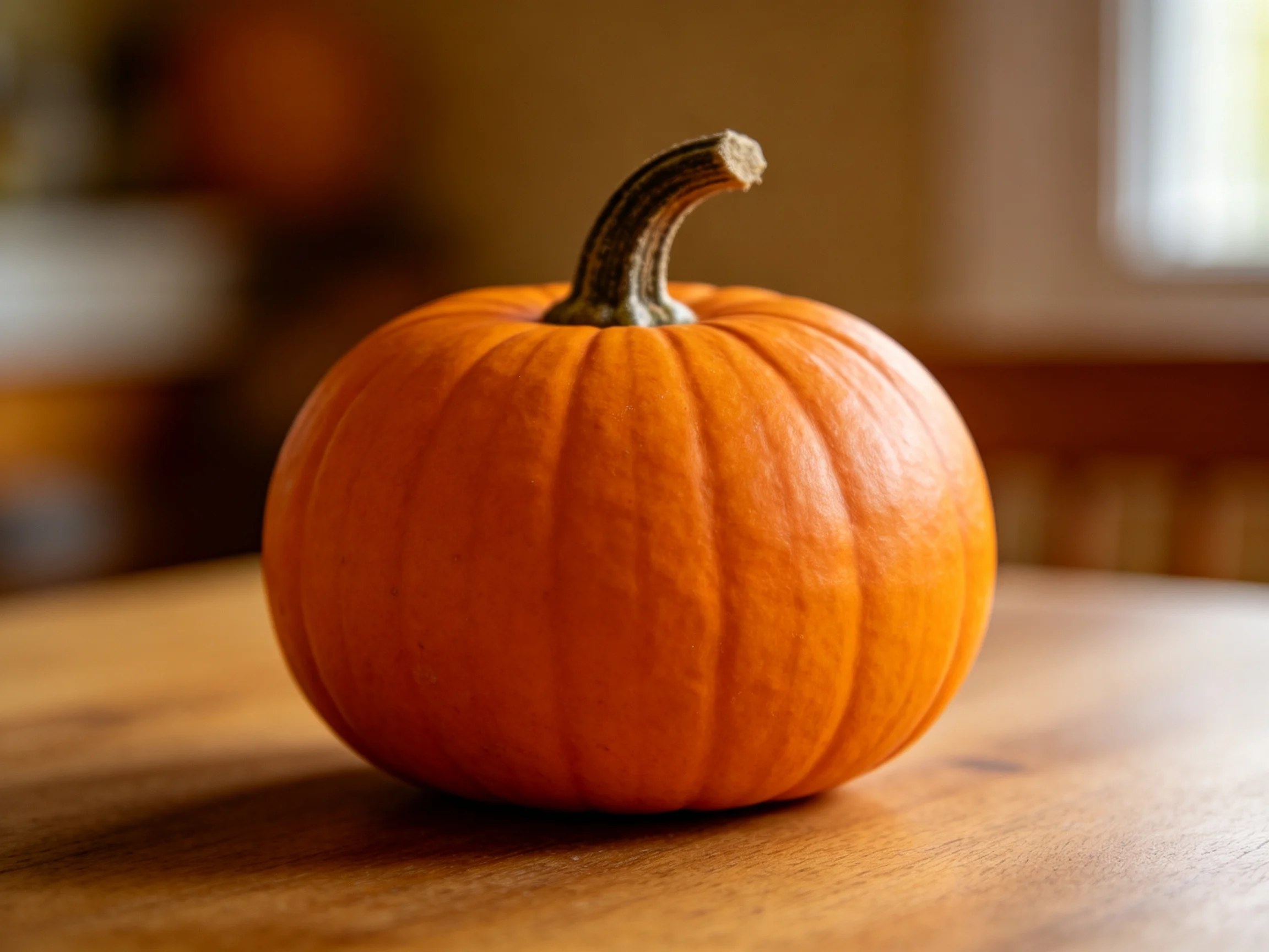 A small orange pumpkin sits on a wooden surface