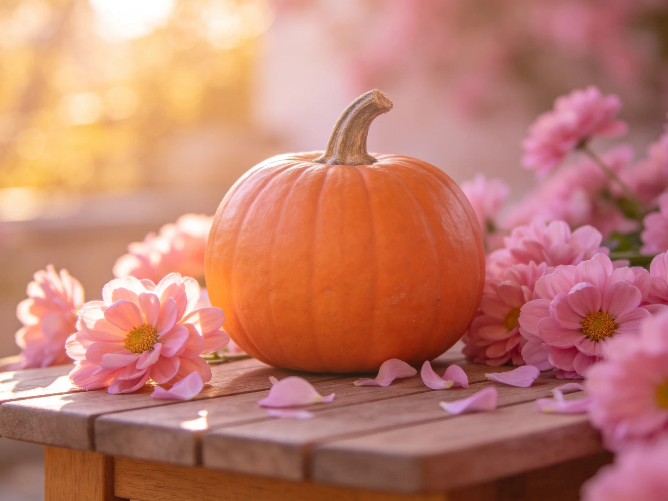 A small orange pumpkin surrounded by pink flowers on a wooden table