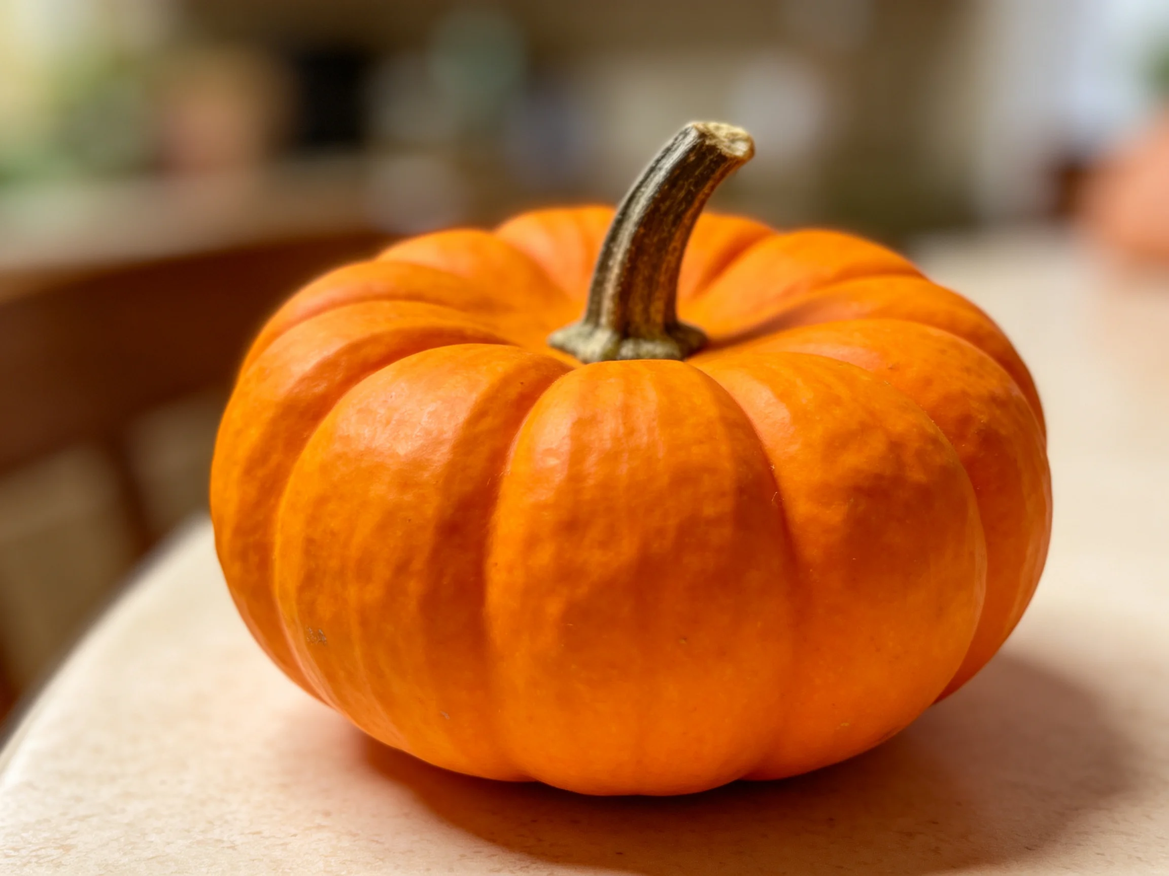 A small orange pumpkin with a curved stem sits on a smooth surface.