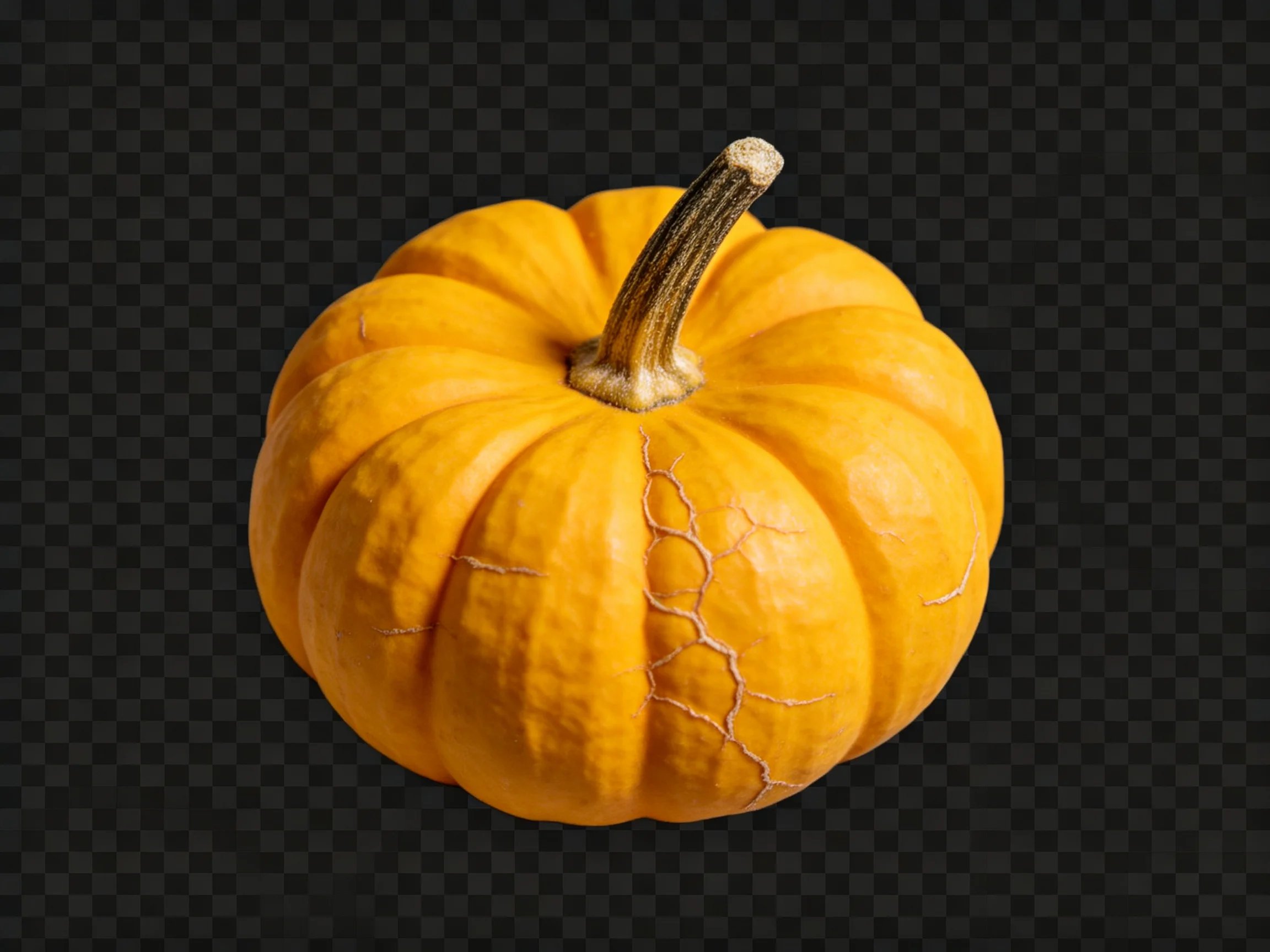 A small orange pumpkin with cracked surface and wooden stem