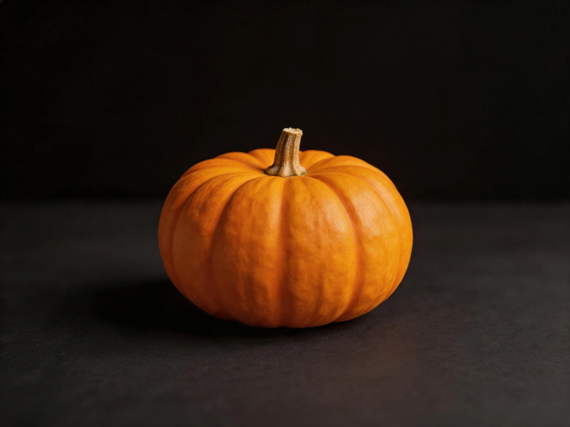 A small orange pumpkin with ribbed texture on a dark surface