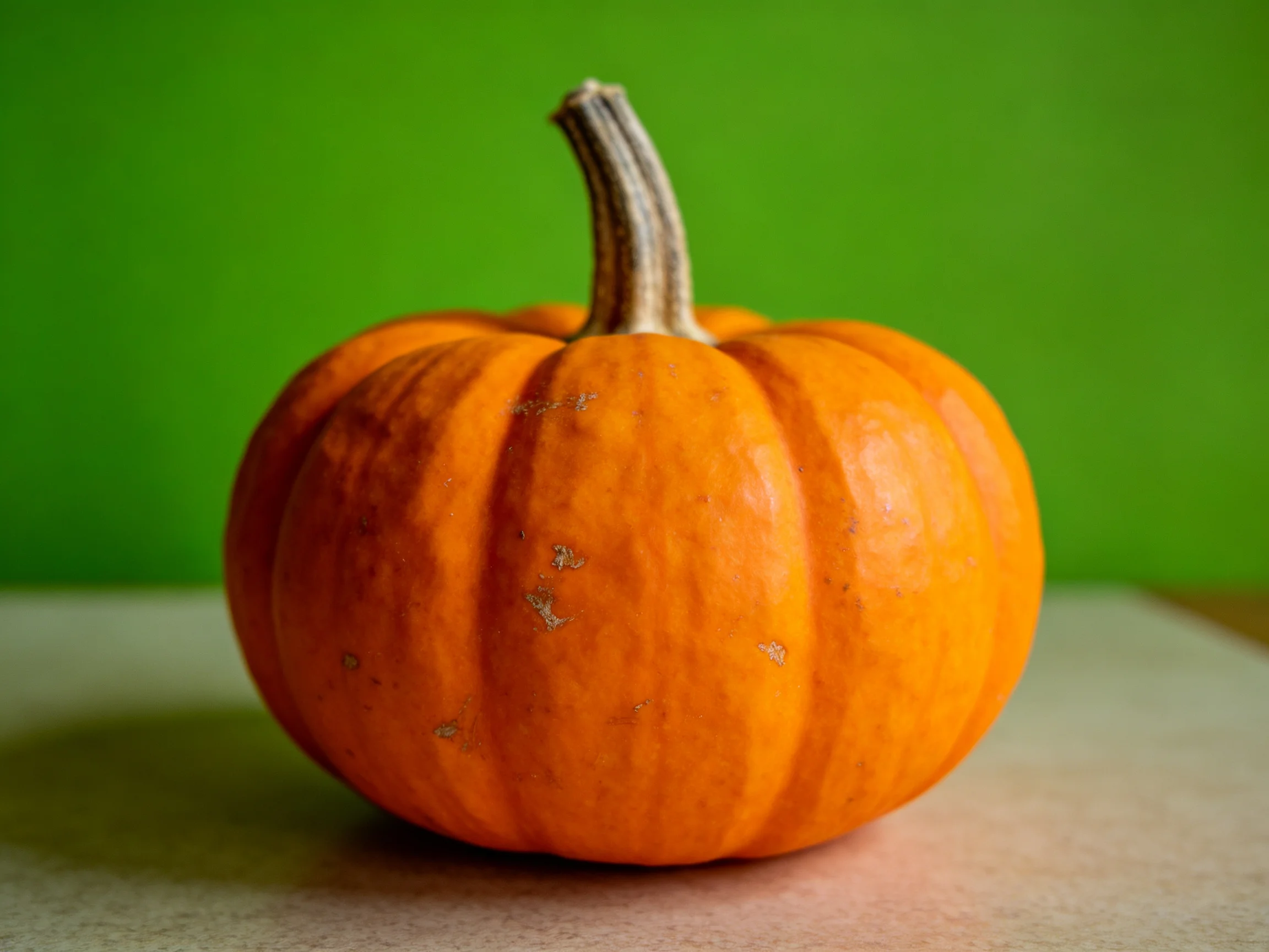 A small orange pumpkin with ridged texture sits on a flat surface beside a bright green background