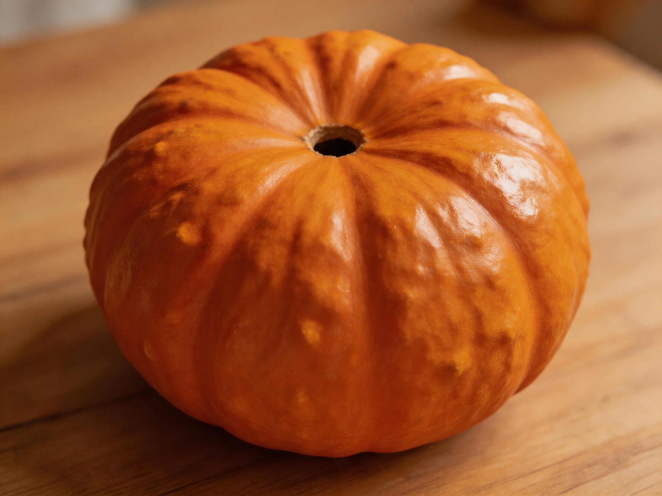 A small orange pumpkin with ridged texture sits on a wooden table.