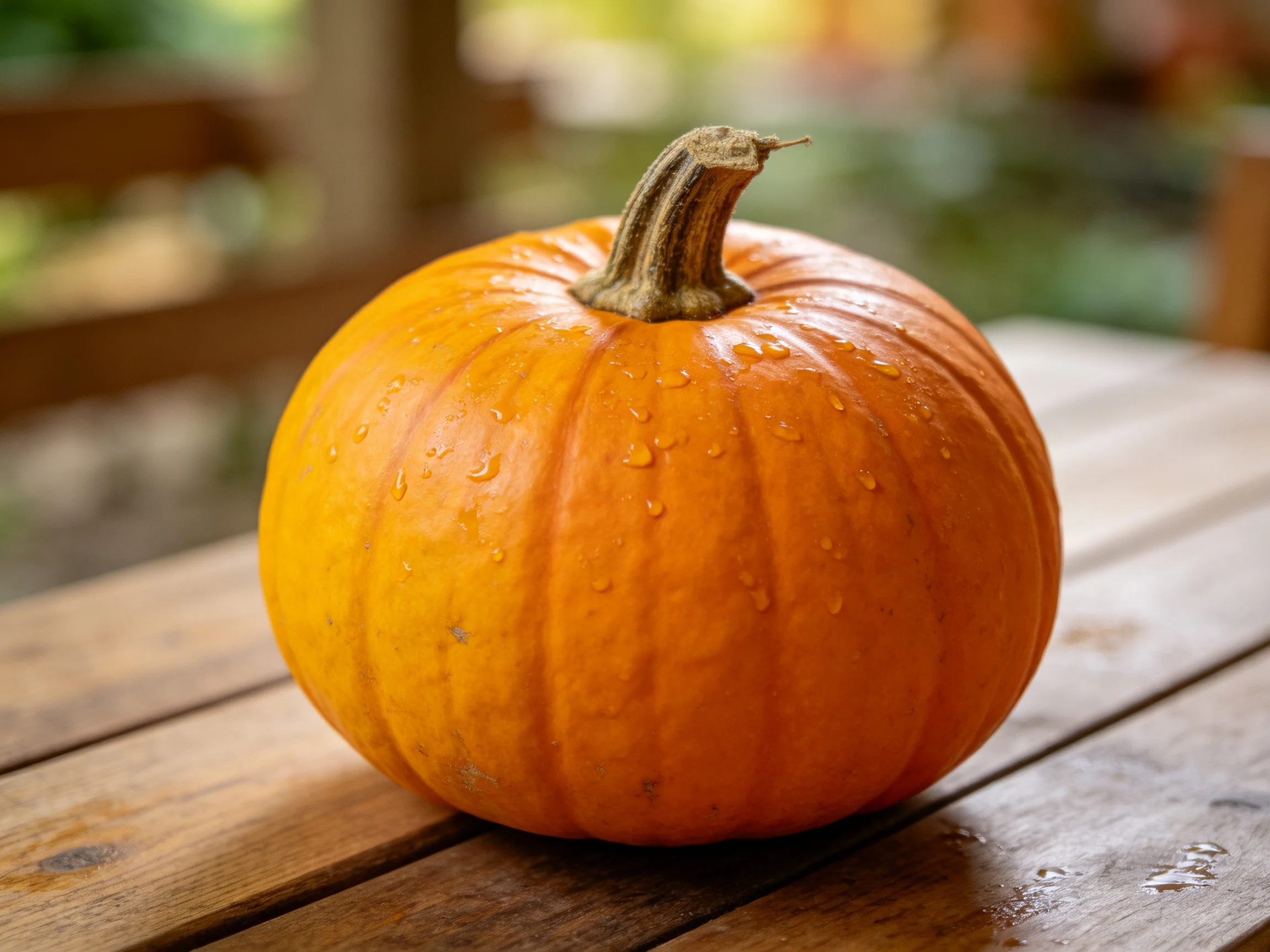 A small orange pumpkin with water droplets sits on a wooden table