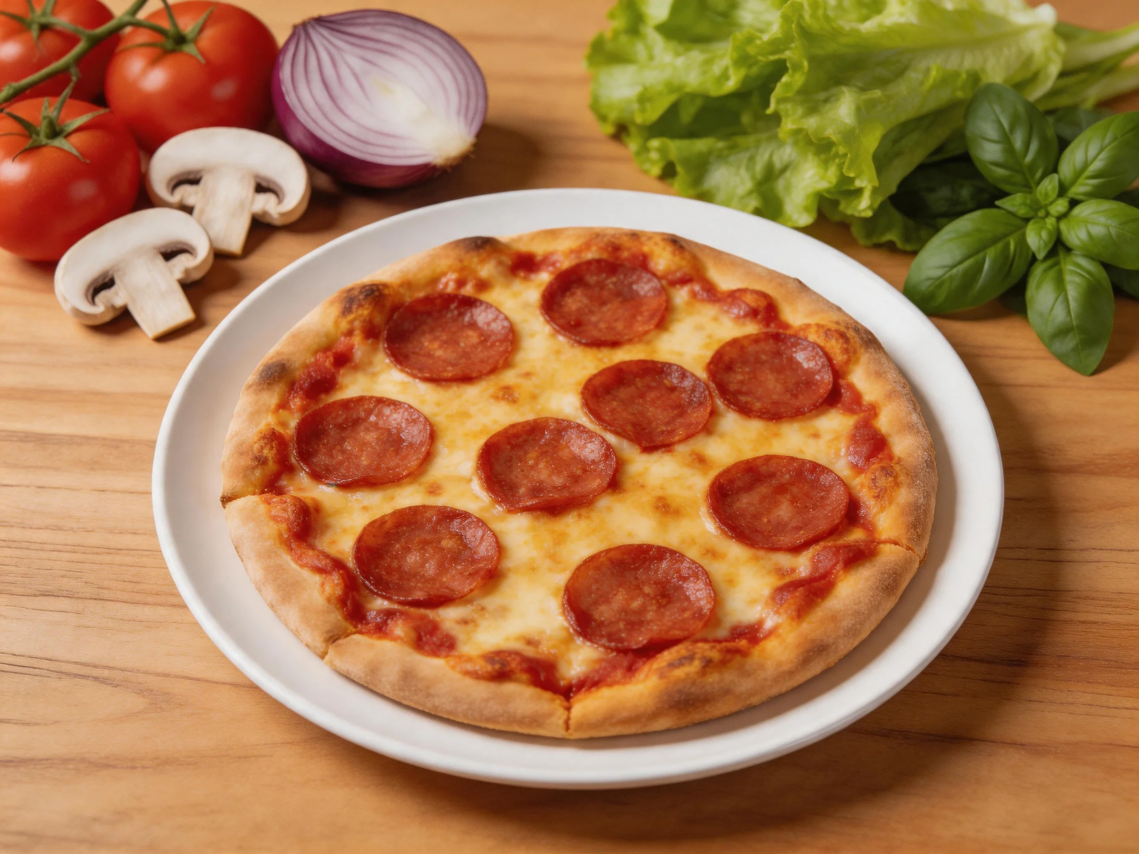 A small pepperoni pizza on a white plate with fresh vegetables nearby