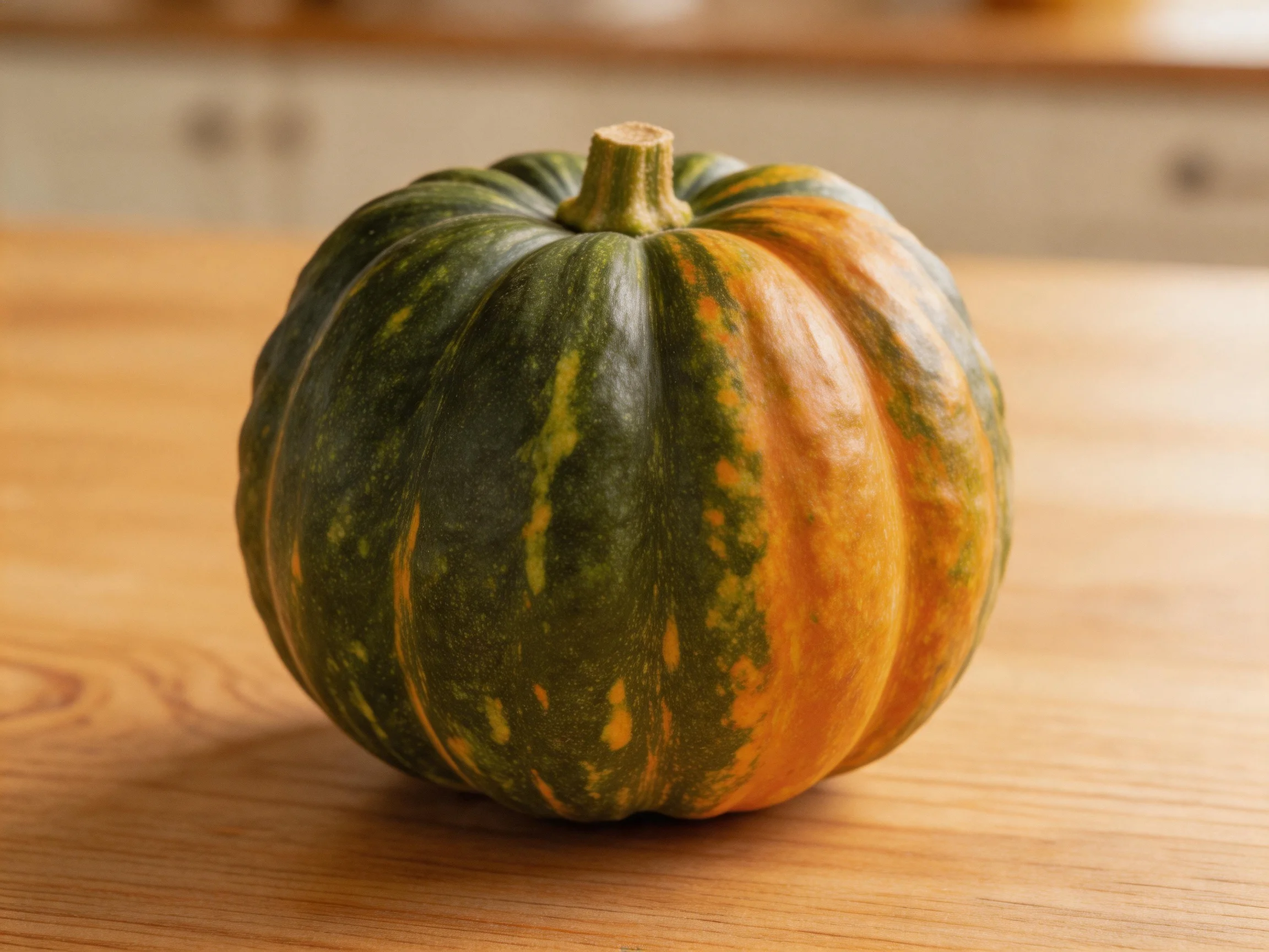 A small pumpkin with green and orange stripes on a wooden table