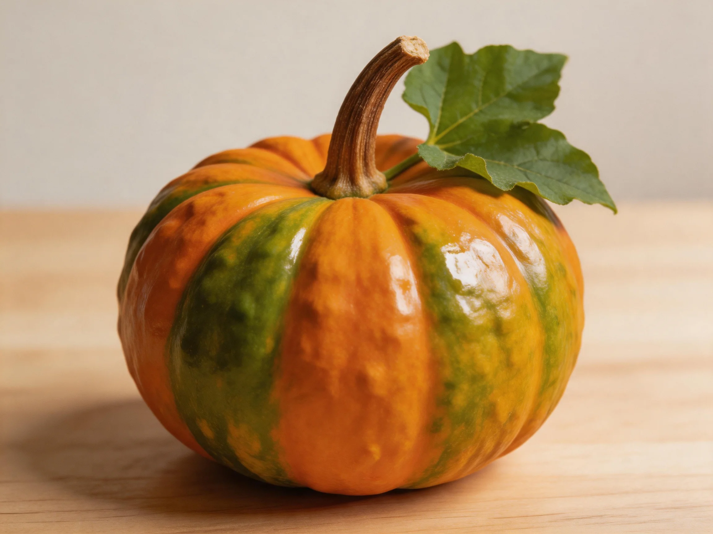 A small pumpkin with orange and green stripes sits on a wooden surface