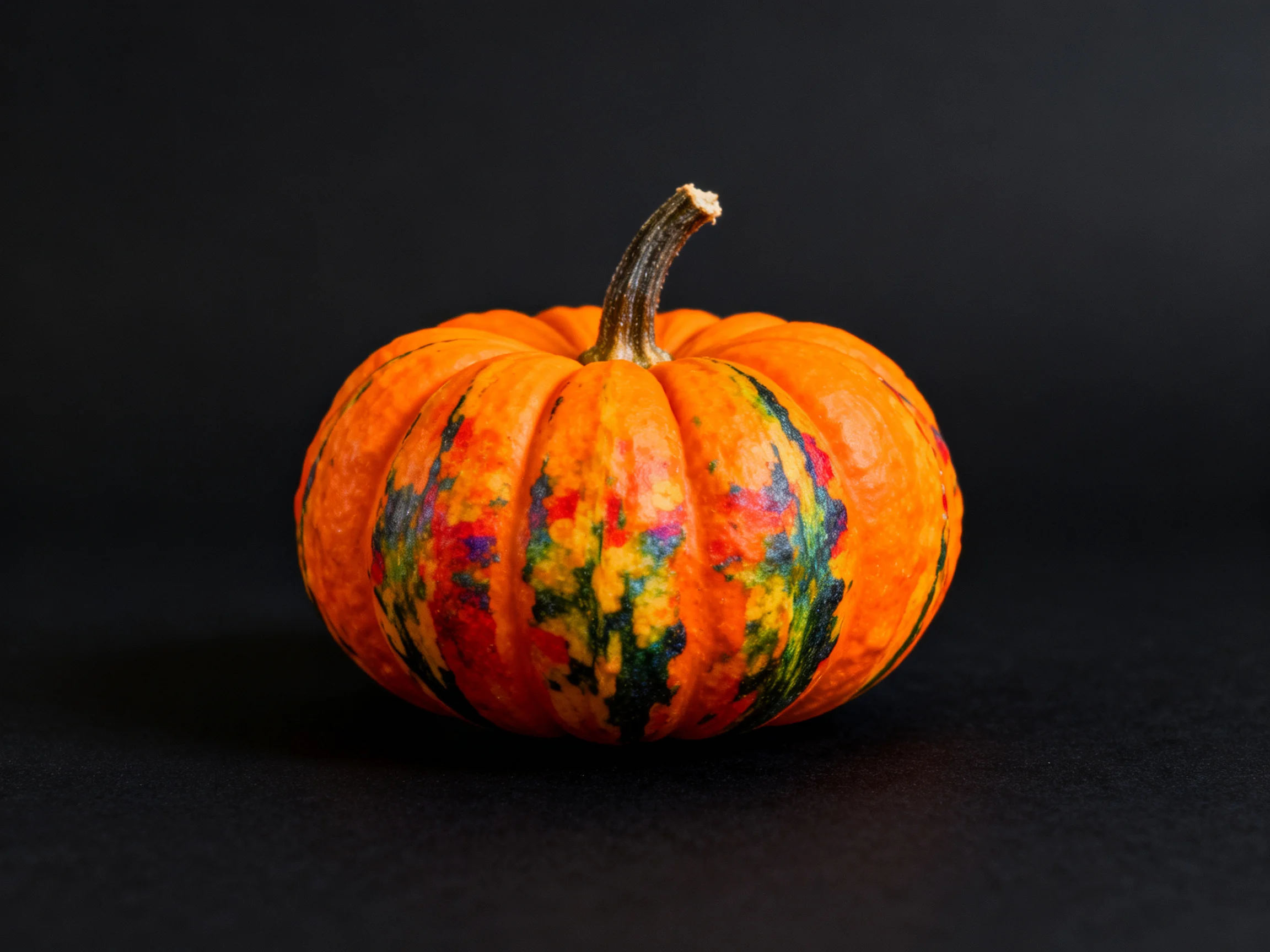 A small pumpkin with vibrant orange and colorful patches